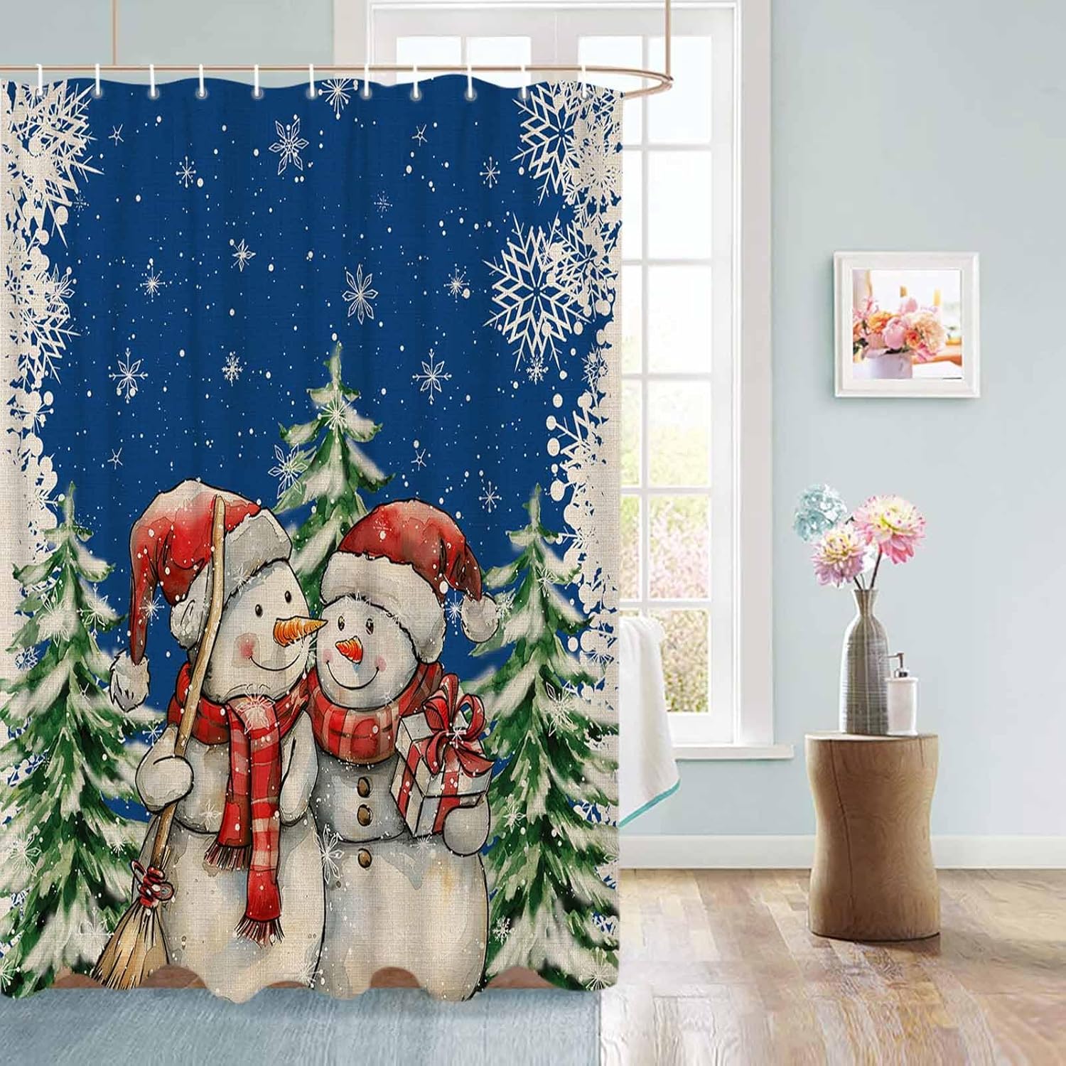 72 Inches Dark Blue Snowmen Shower Curtain Set with 12 Hooks