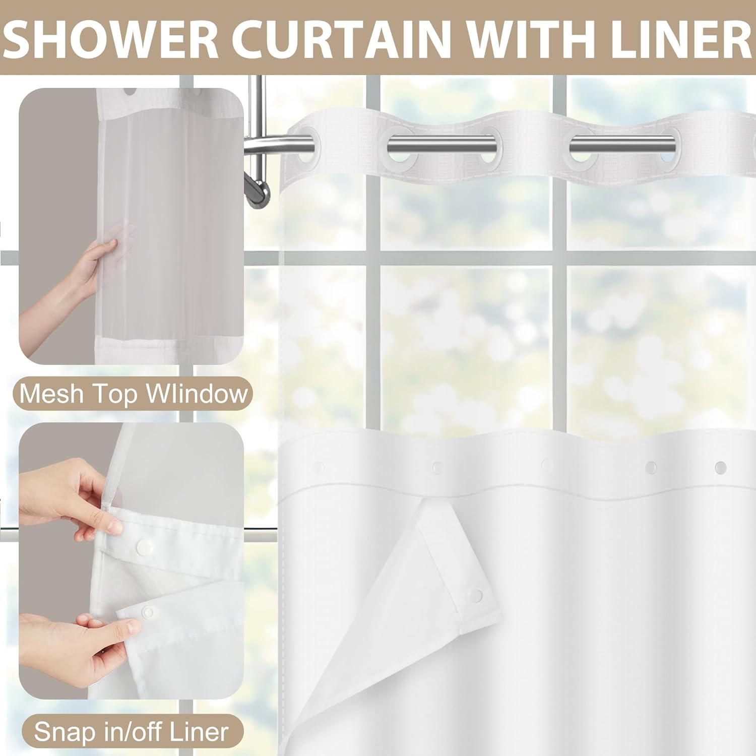 Wyljljy No Hook Shower Curtain Set 71x86 White Waffle