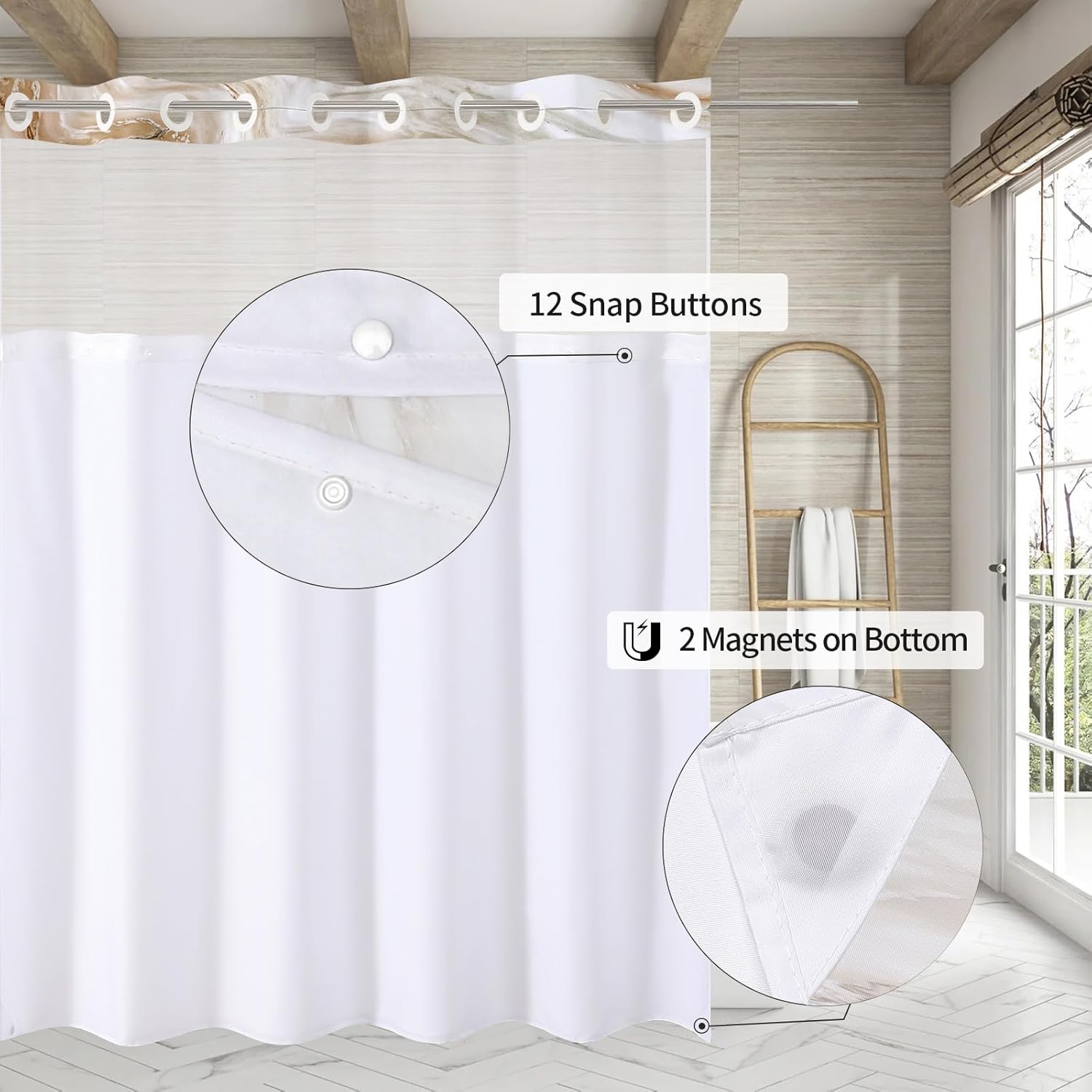 MitoVilla Modern Abstract Marble Shower Curtain Set with Snap-in Liner