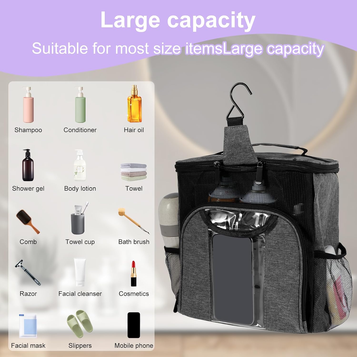Portable Shower Caddy for Dorm Bathroom and Travel - Grey