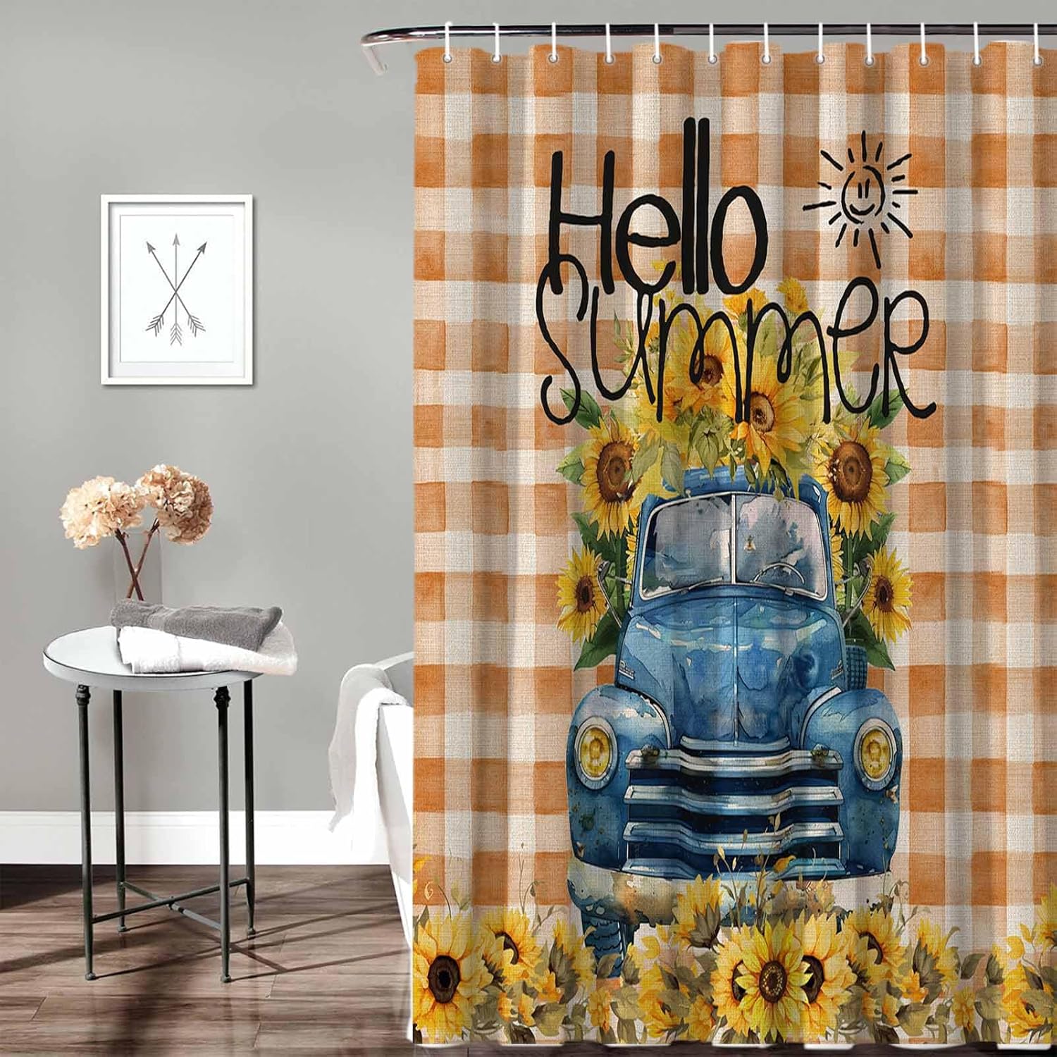 Funnywall88 72 Inches Sunflower Blue Buffalo Plaid Shower Curtain Set with 12 Hooks