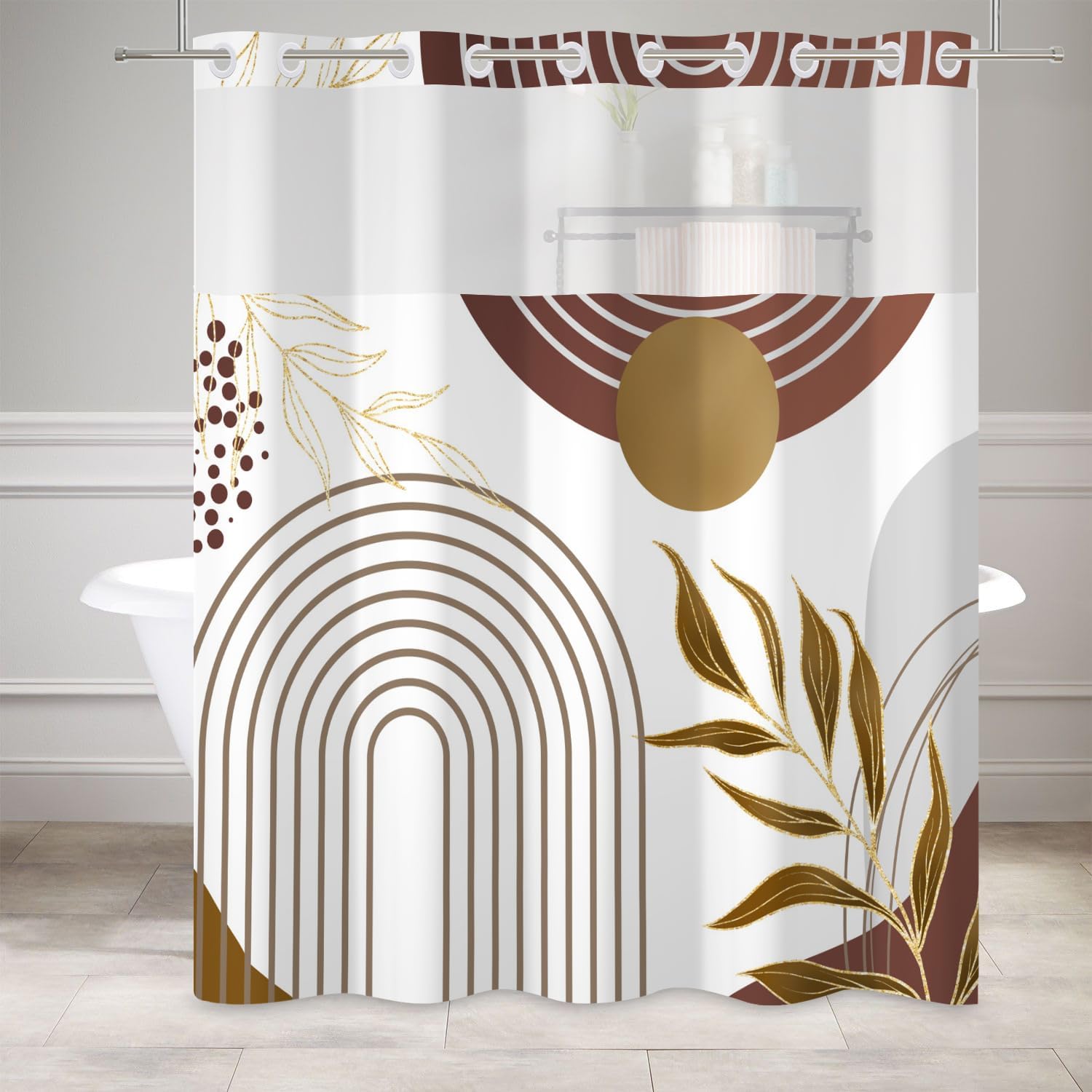 DASHAN Gold Boho Shower Curtain Set 71x74 with Snap Liner