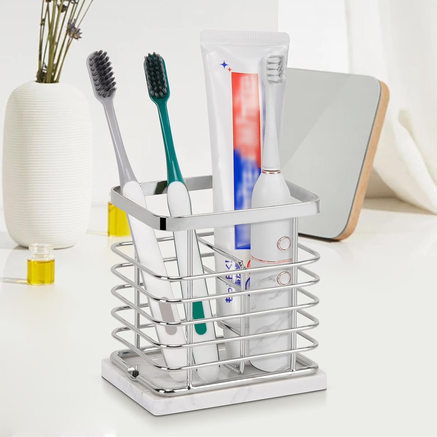 HarJue Toothbrush Holder with Marble Base and Chrome Frame 1