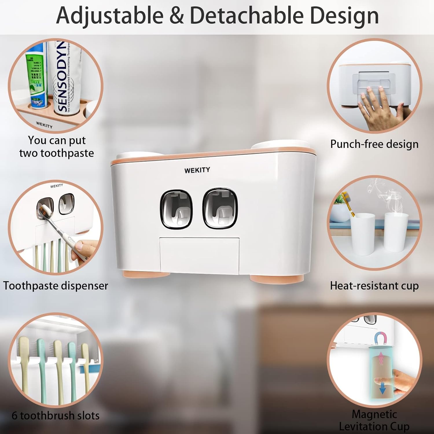 Wekity Wall Mounted Toothbrush Holder with 5 Slots and 4 Cups