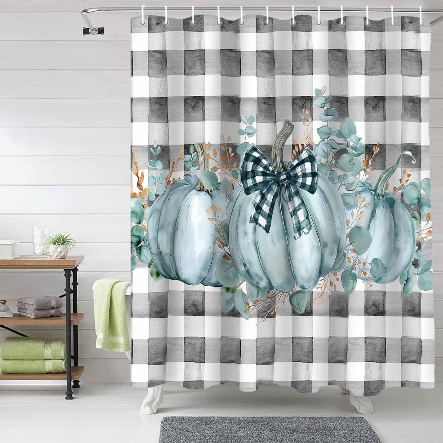 Funnywall88 72 Inches Green Bow Pumpkin Plaid Shower Curtain Set with 12 Hooks