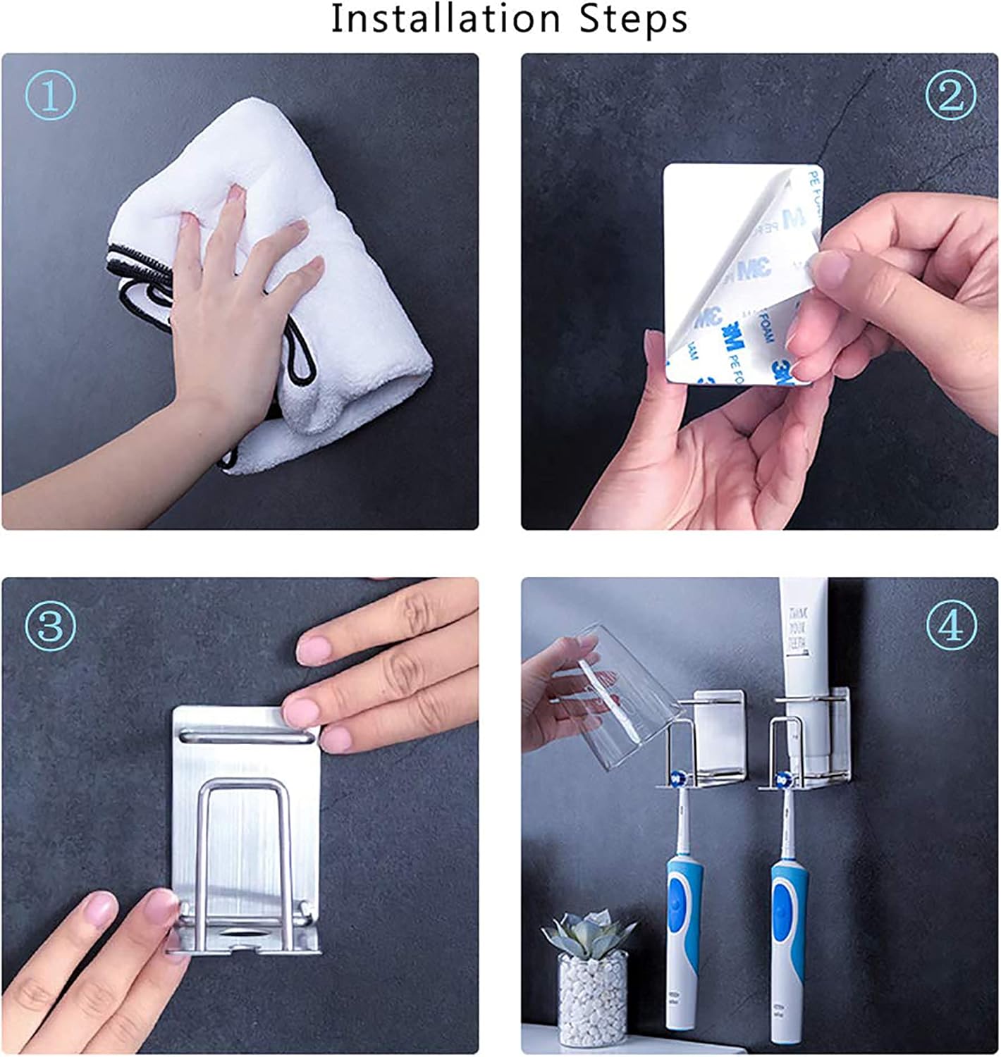 HANZE 3 in 1 Wall Mounted Toothbrush Holder 2 Pack Black