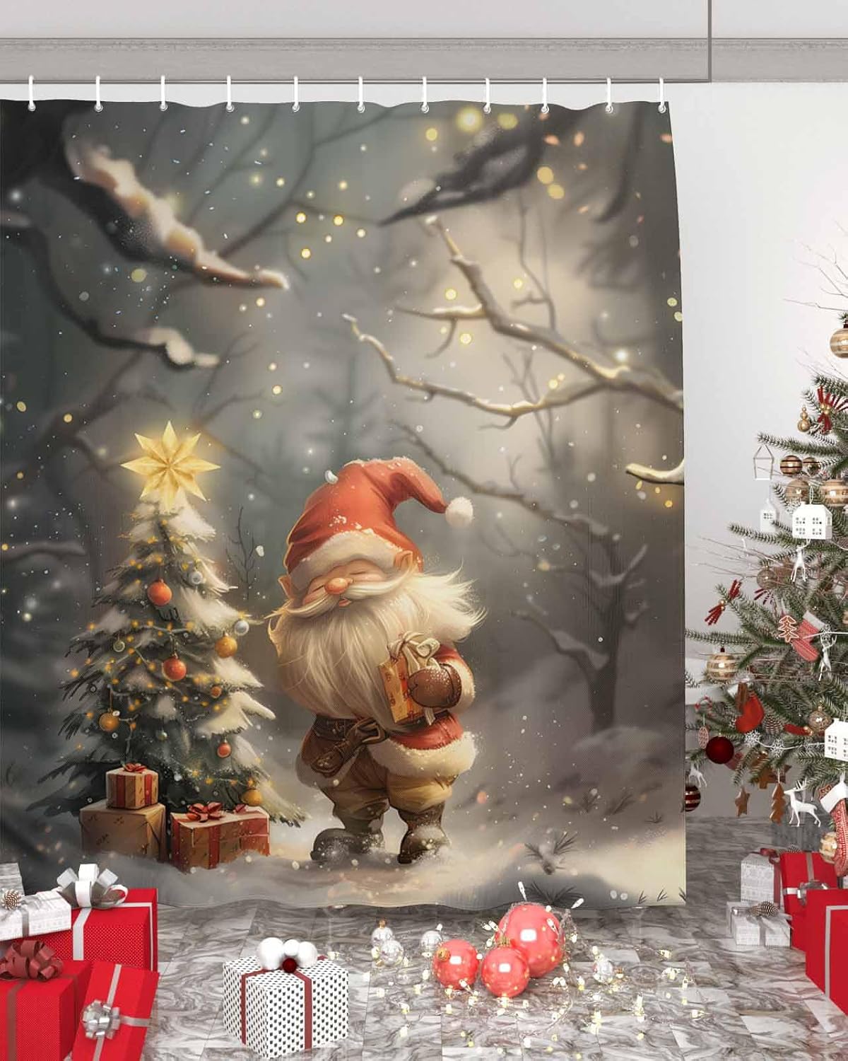 72 Inch Christmas Shower Curtain Set with 12 Hooks