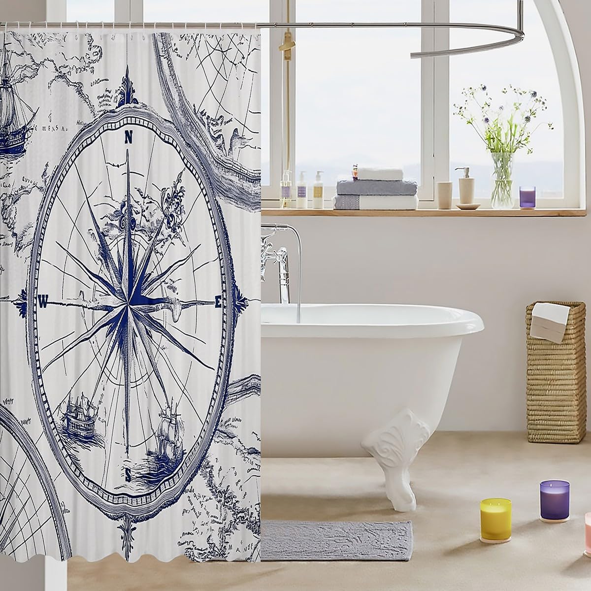 Feelyou Compass Print Shower Curtain Set 72x84