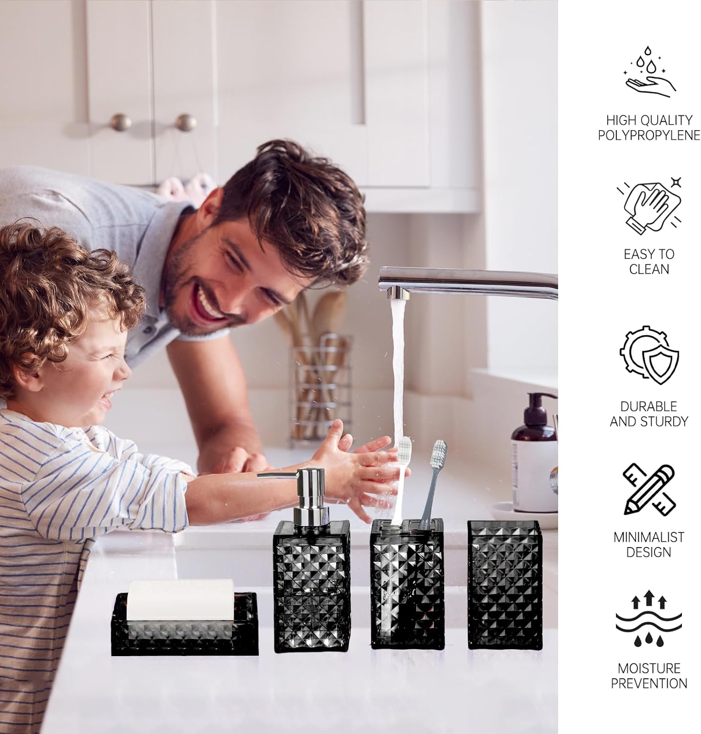 Modern Bathroom Accessory Set with Grid Pattern Black