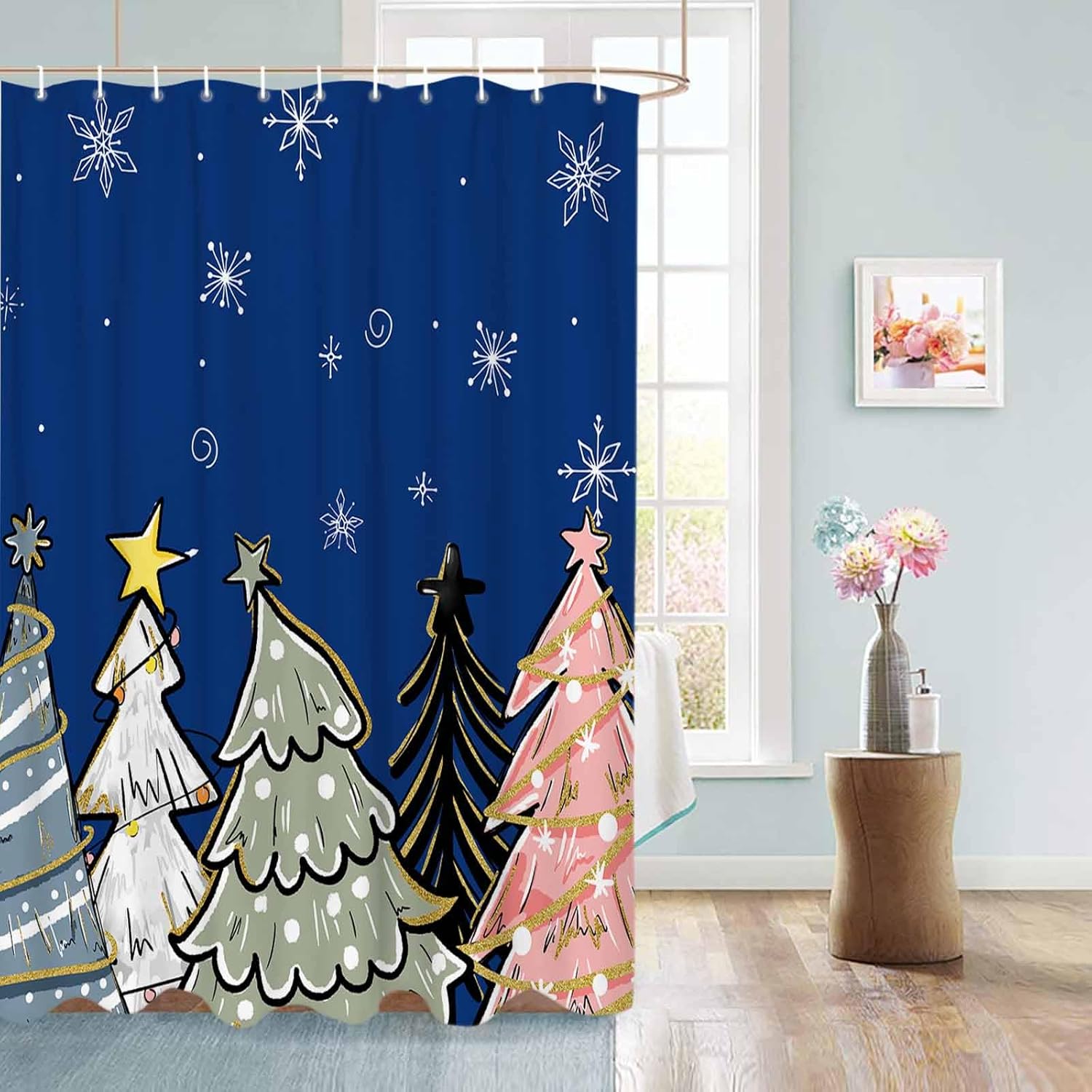72 Inch Christmas Tree Shower Curtain Set with 12 Hooks