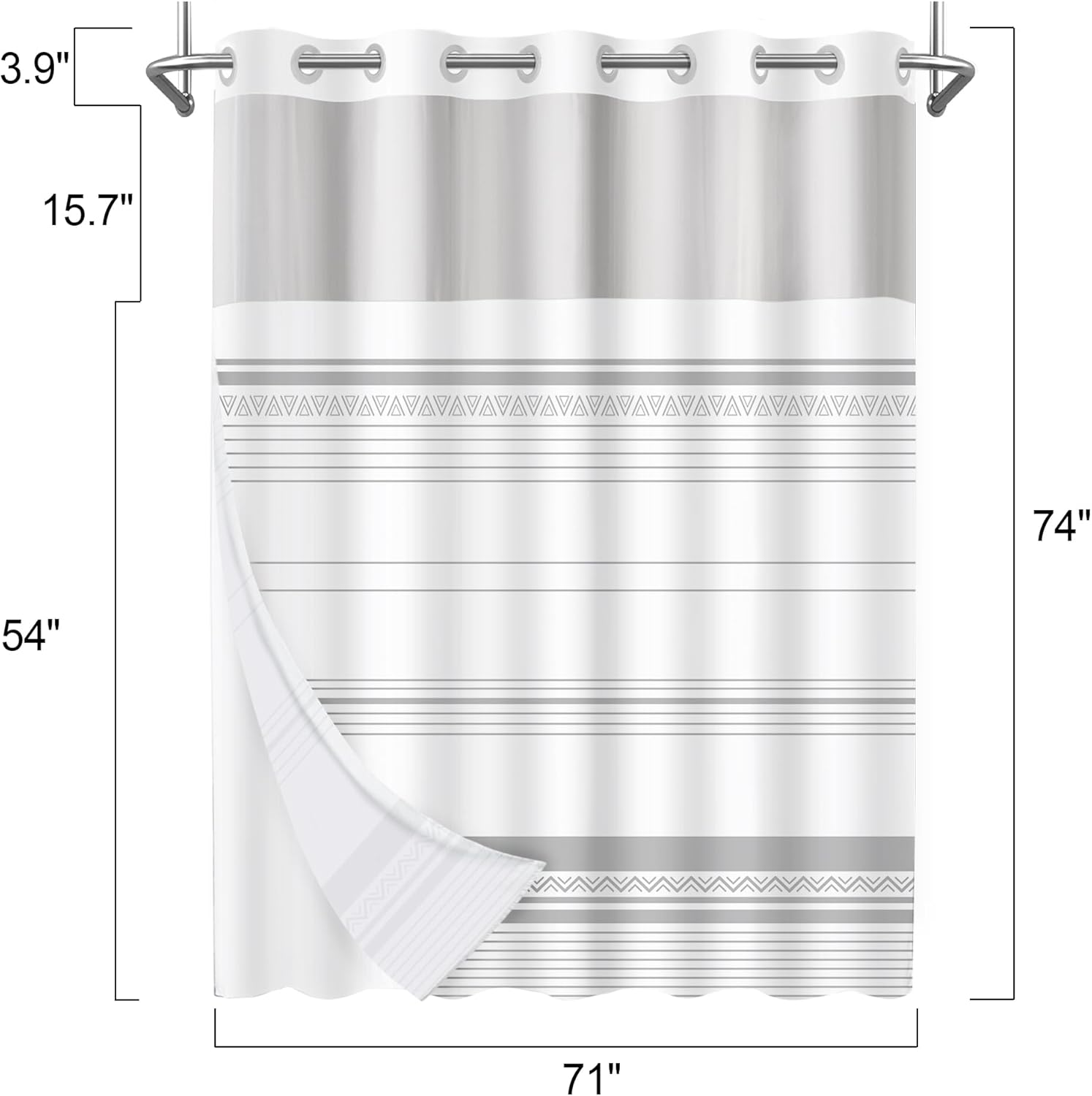 No Hook Shower Curtain Set with Snap Liner Modern Boho Grey Striped