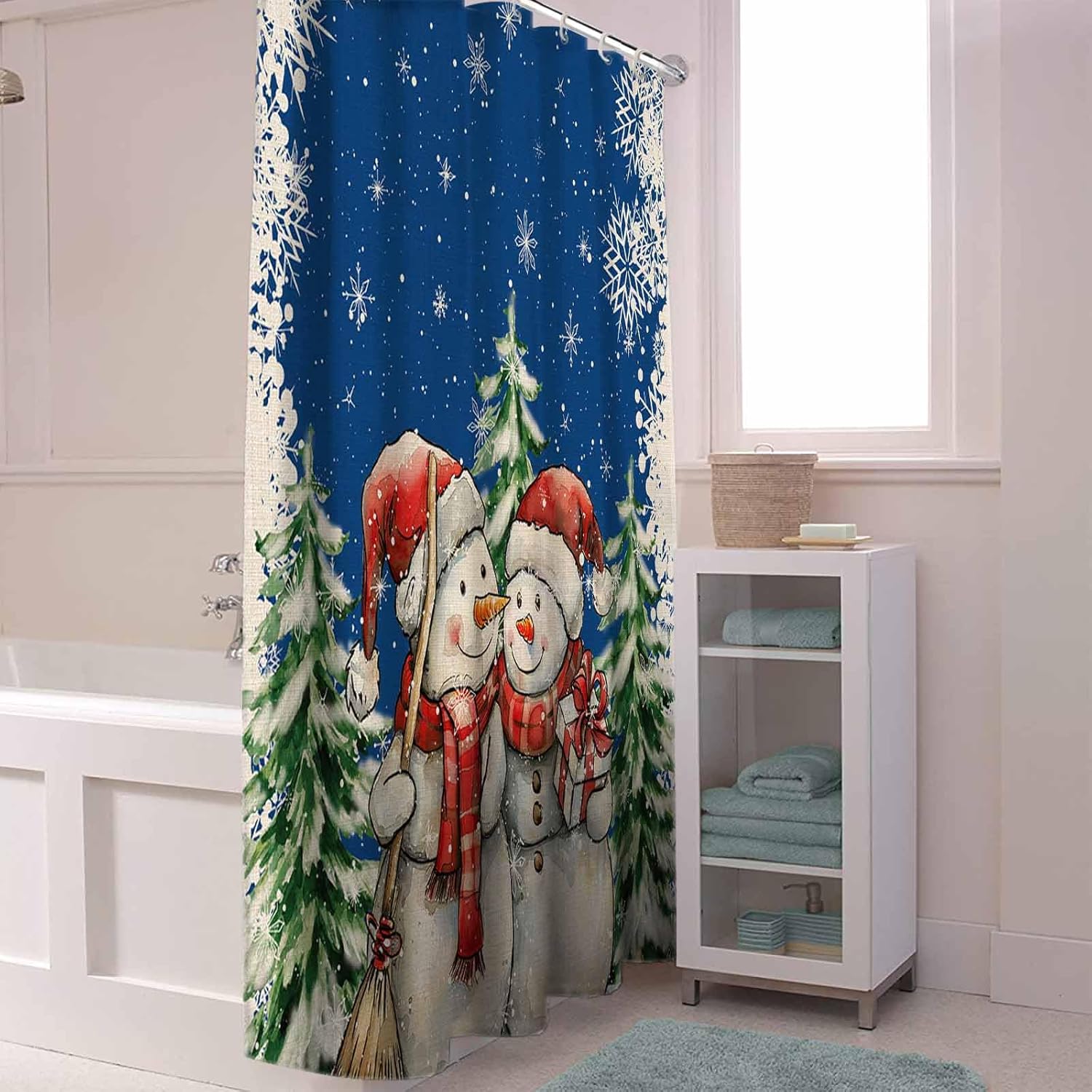 72 Inches Dark Blue Snowmen Shower Curtain Set with 12 Hooks