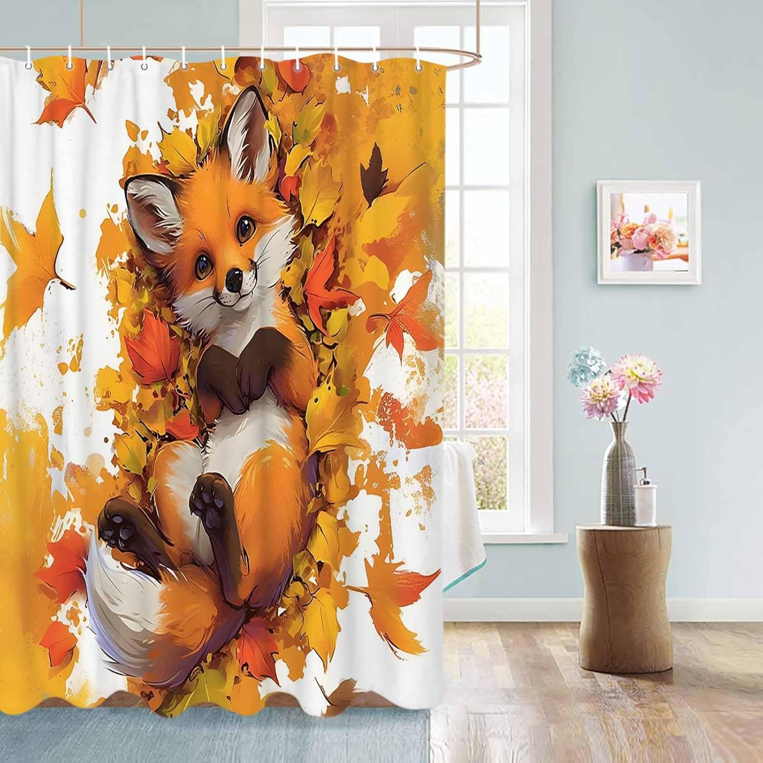 Funnywall88 72 Maple Leaf Fox Shower Curtain Set with Hooks
