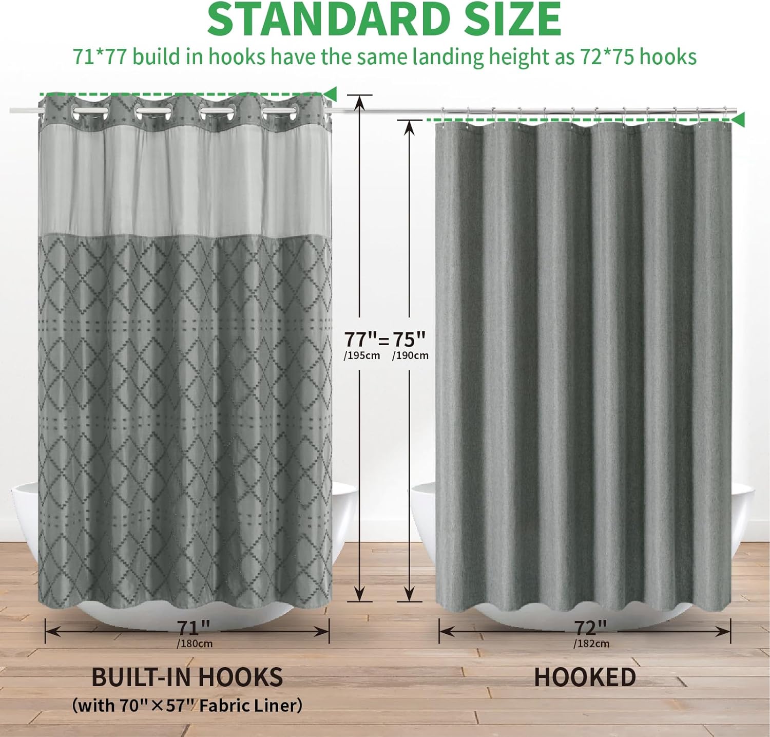 Grey No Hook Shower Curtain Set with Chevrons See-Through Window