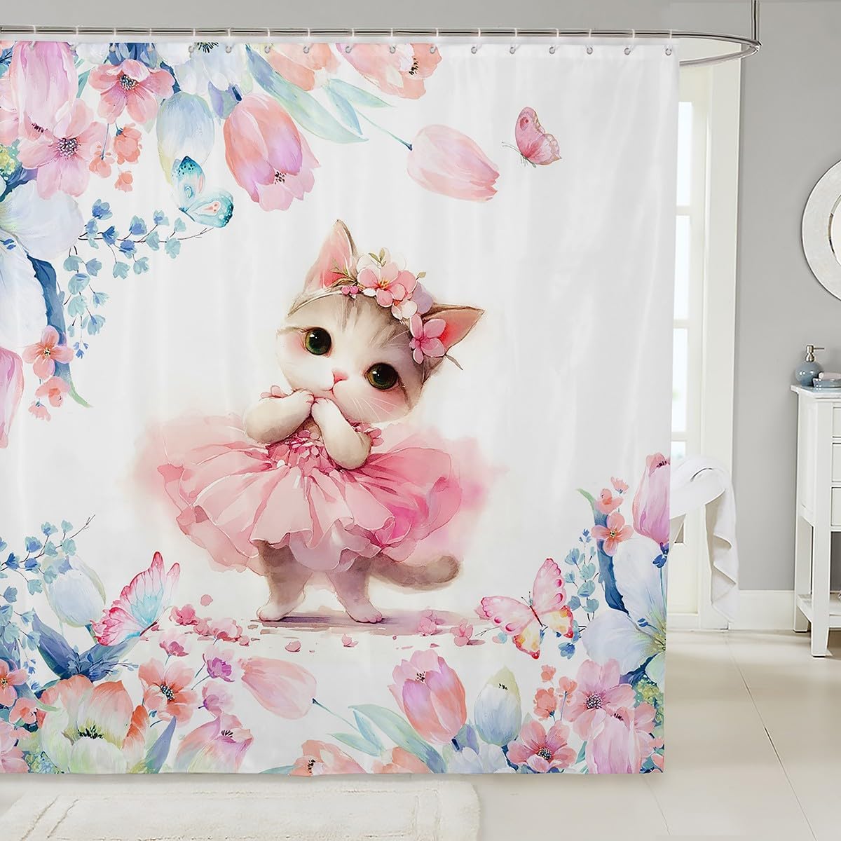 Feelyou Kids Kawaii Cat Shower Curtain Set