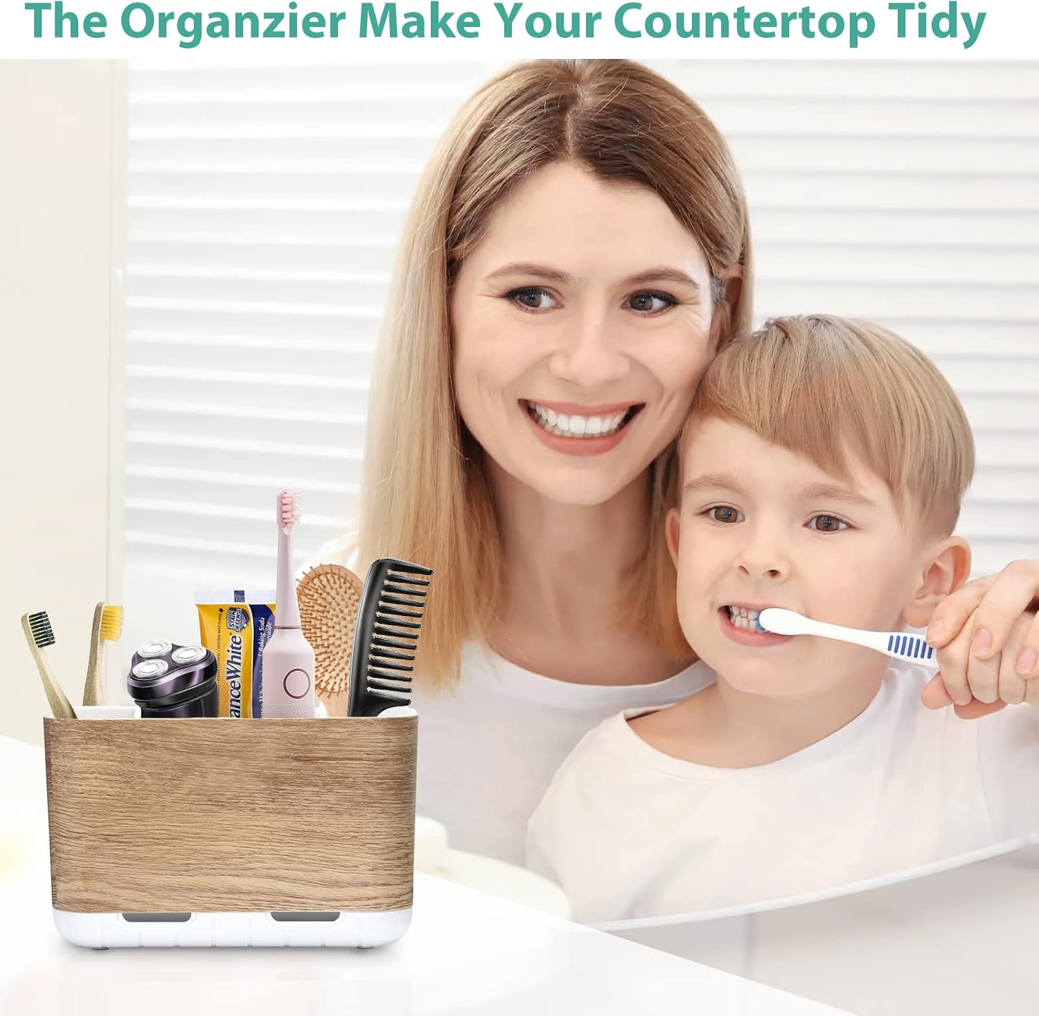 Boperzi Wood Grain Toothbrush Holder with Adjustable Dividers
