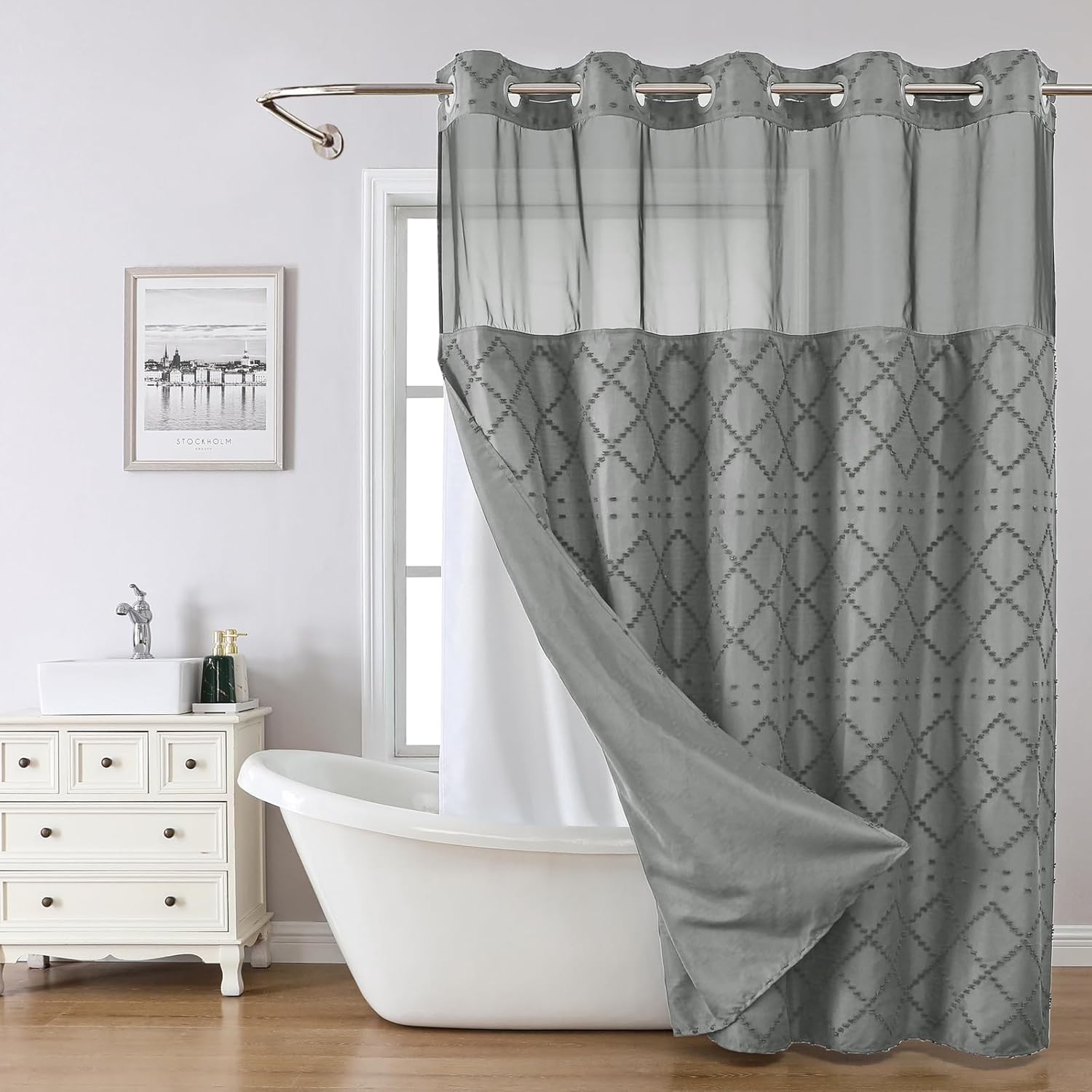 Grey No Hook Shower Curtain Set with Chevrons See-Through Window