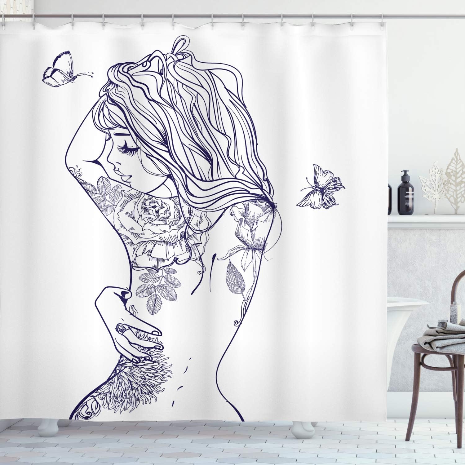 Ambesonne Fashion Shower Curtain with Hooks 105 Wide Purple White Butterfly Design