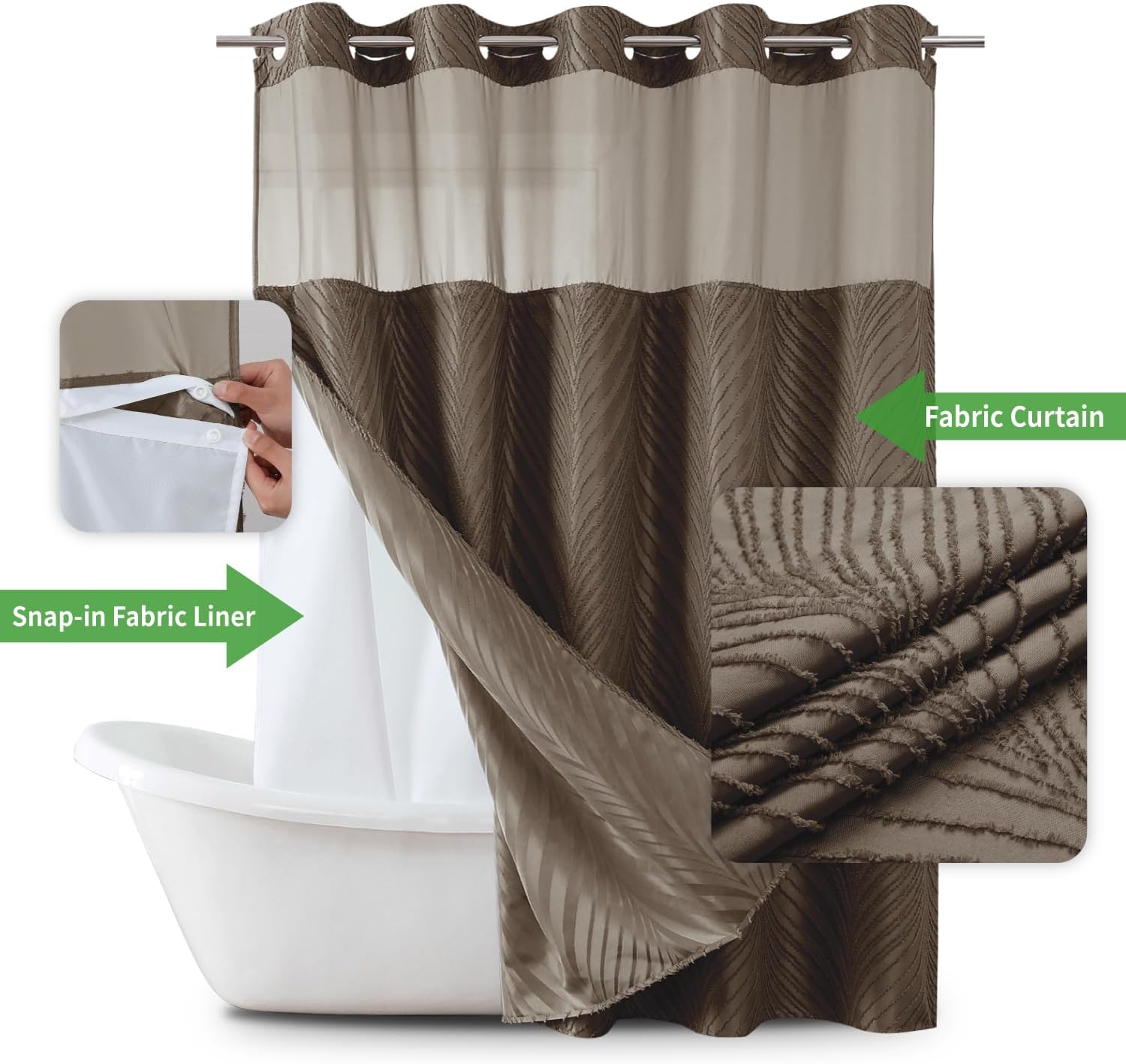 Eachope No Hook Boho Shower Curtain Set with Brown Tufted Stripes