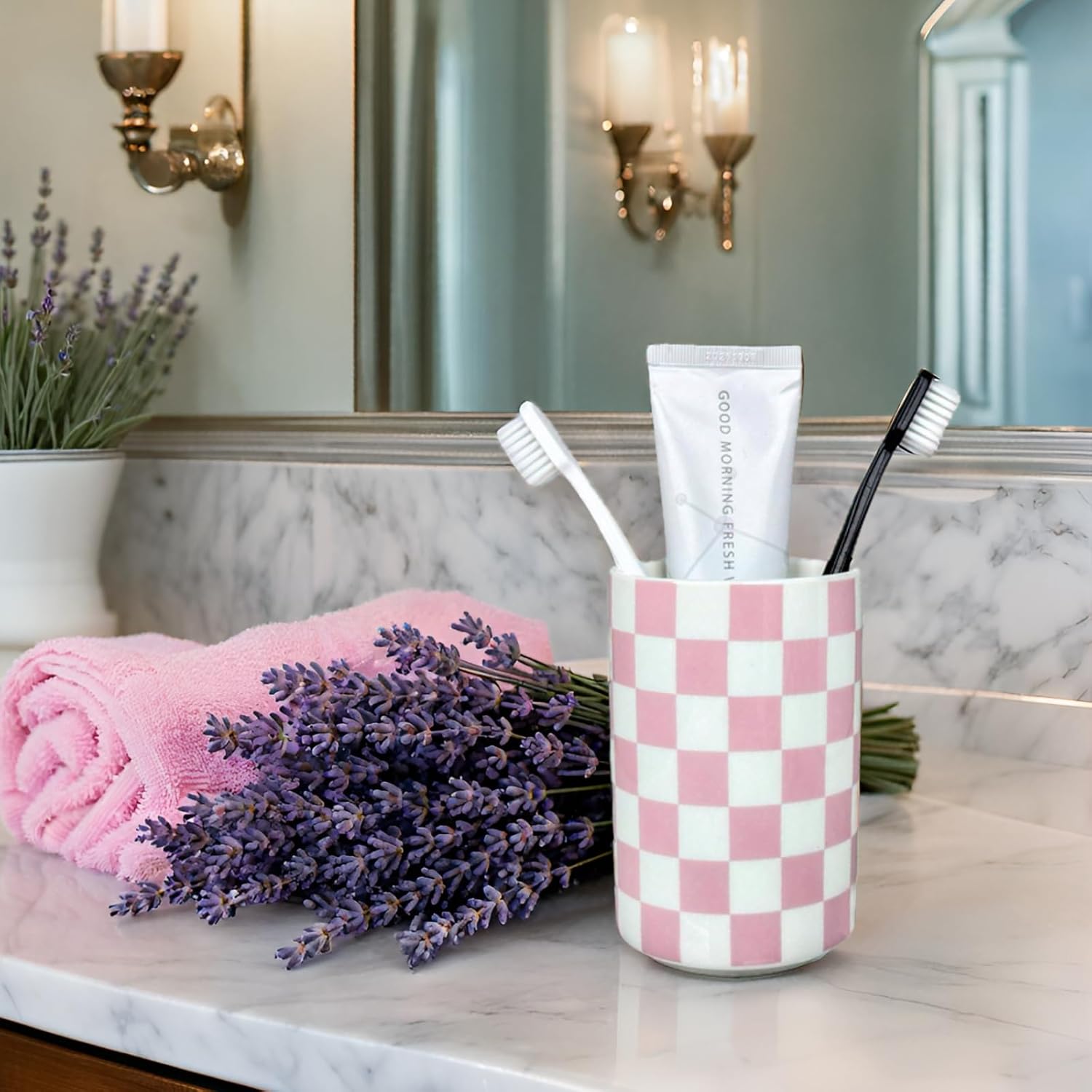 Pink Checkered Ceramic Toothbrush Holder Modern Bathroom Decor