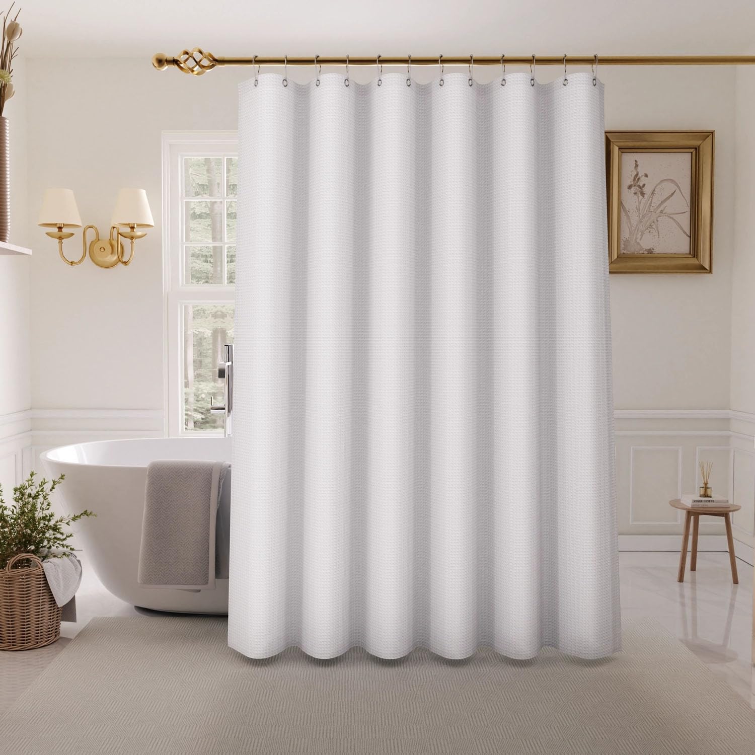 Inhousolu Waffle Shower Curtain Set 72x72 White 230 GSM 14 Metal Hooks