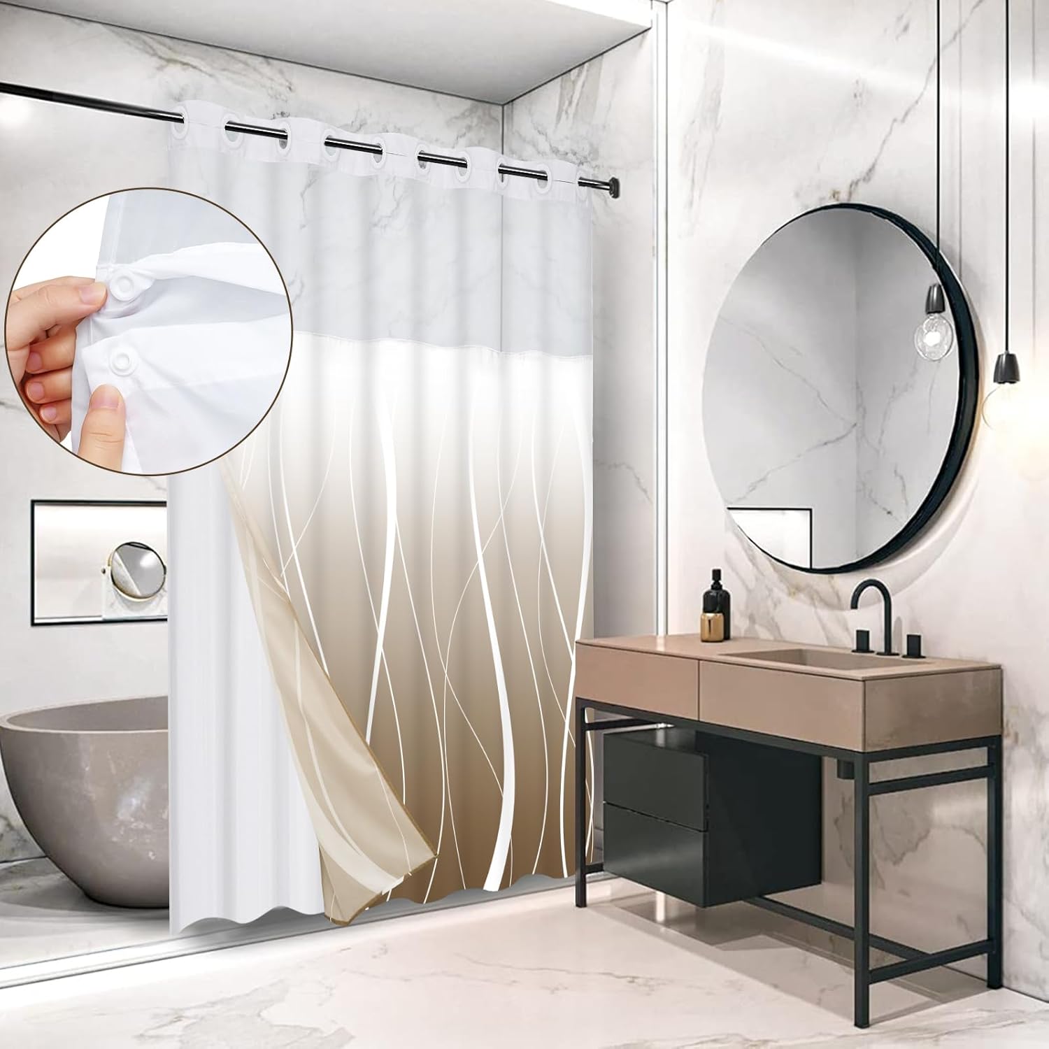 Likiyol Brown Ombre Shower Curtain Set with Snap Liner Waterproof and See Through