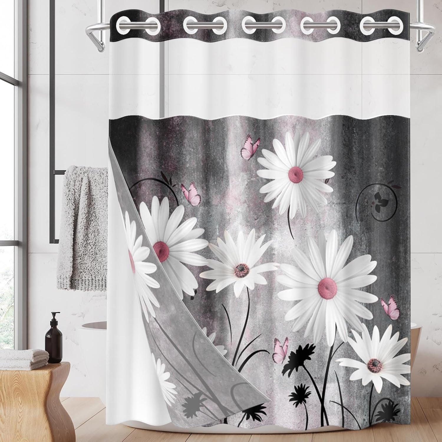 Nesphy Pink White Daisy Butterfly Shower Curtain Set
