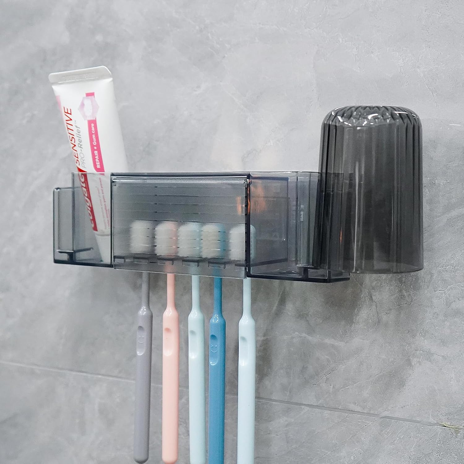 5 Slots Wall Mount Toothbrush Holder with Cover - Gray Large