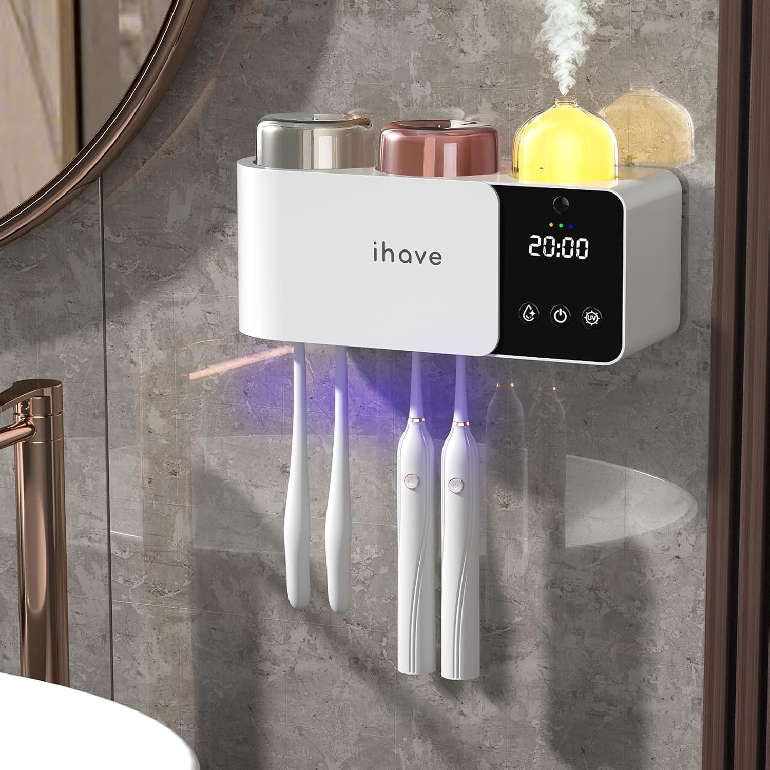 iHave Toothbrush Holder with UV Sanitizer Aromatherapy IR Light 2 Cups