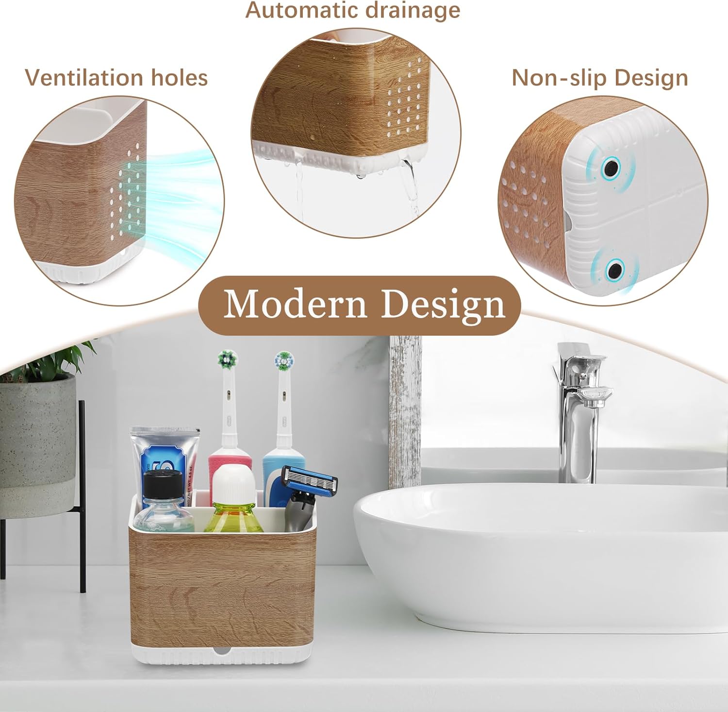 PARKMANI 4 Slot Toothbrush Holder with Wood Grain Finish