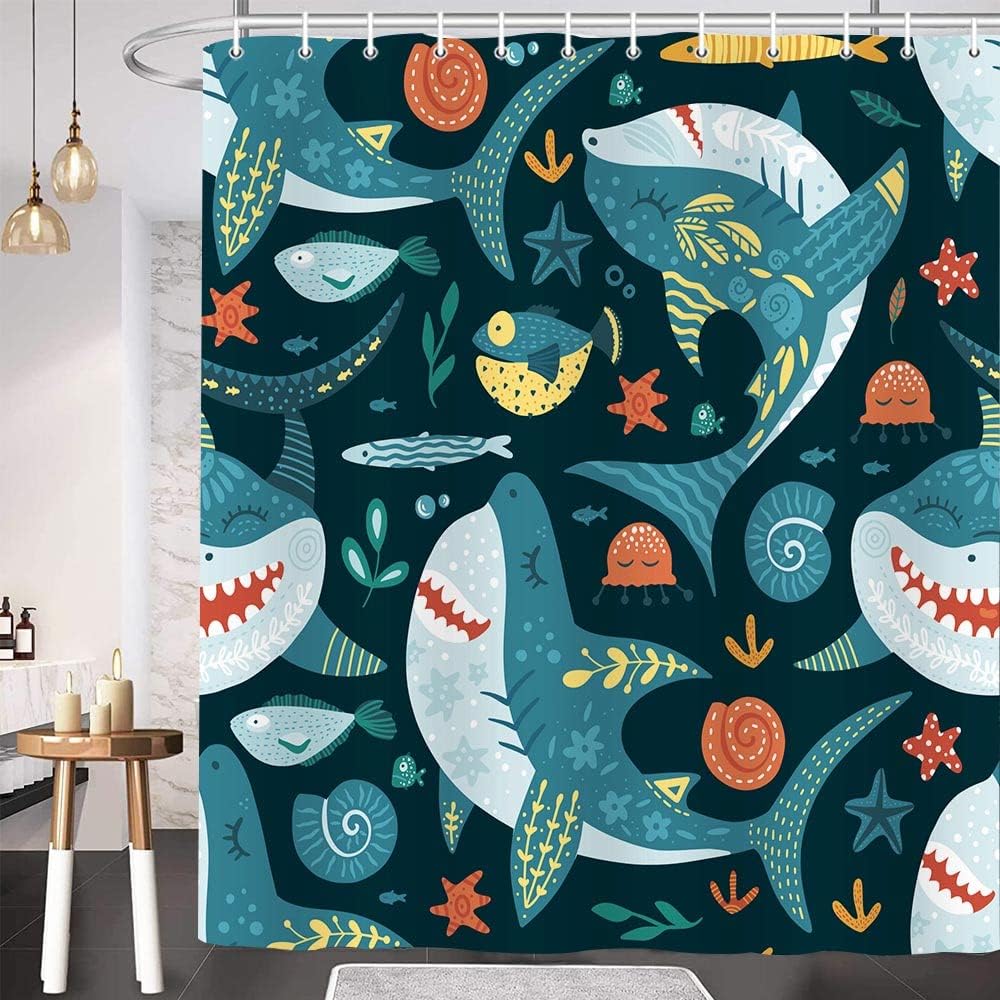 Cute Shark Shower Curtain for Kids Bathroom 69x70 Inches