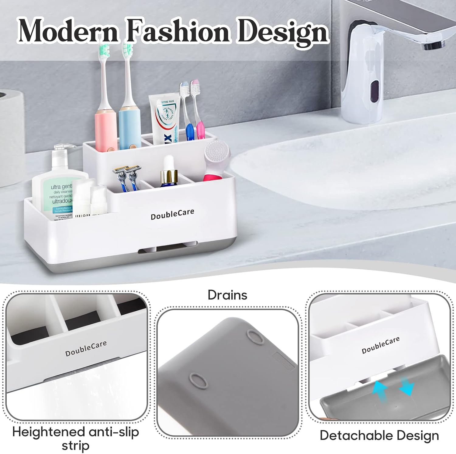 DoubleCare Toothbrush Holder with 5 Compartments Anti-Slip Multifunctional Bathroom Organizer