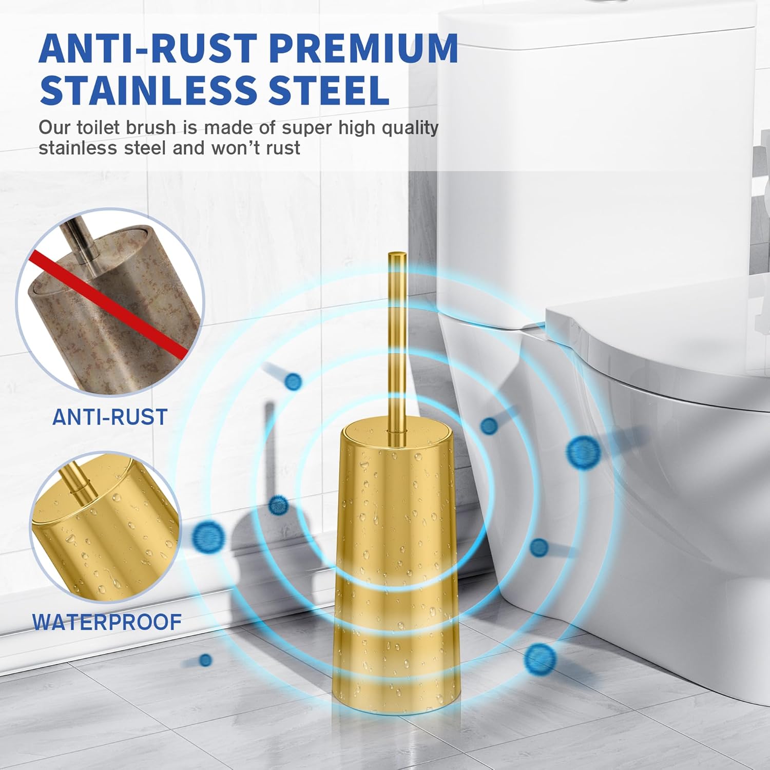 Wsedor Toilet Brush with Stainless Steel Holder - 168 Inch Ergonomic Durable Gold