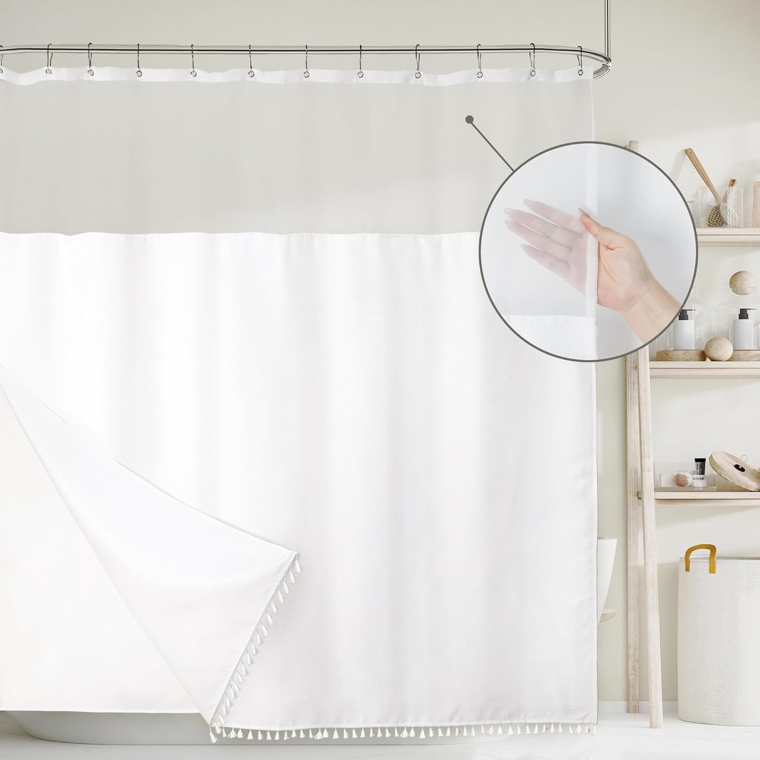 Riyidecor White Tassel Waffle Shower Curtain Set