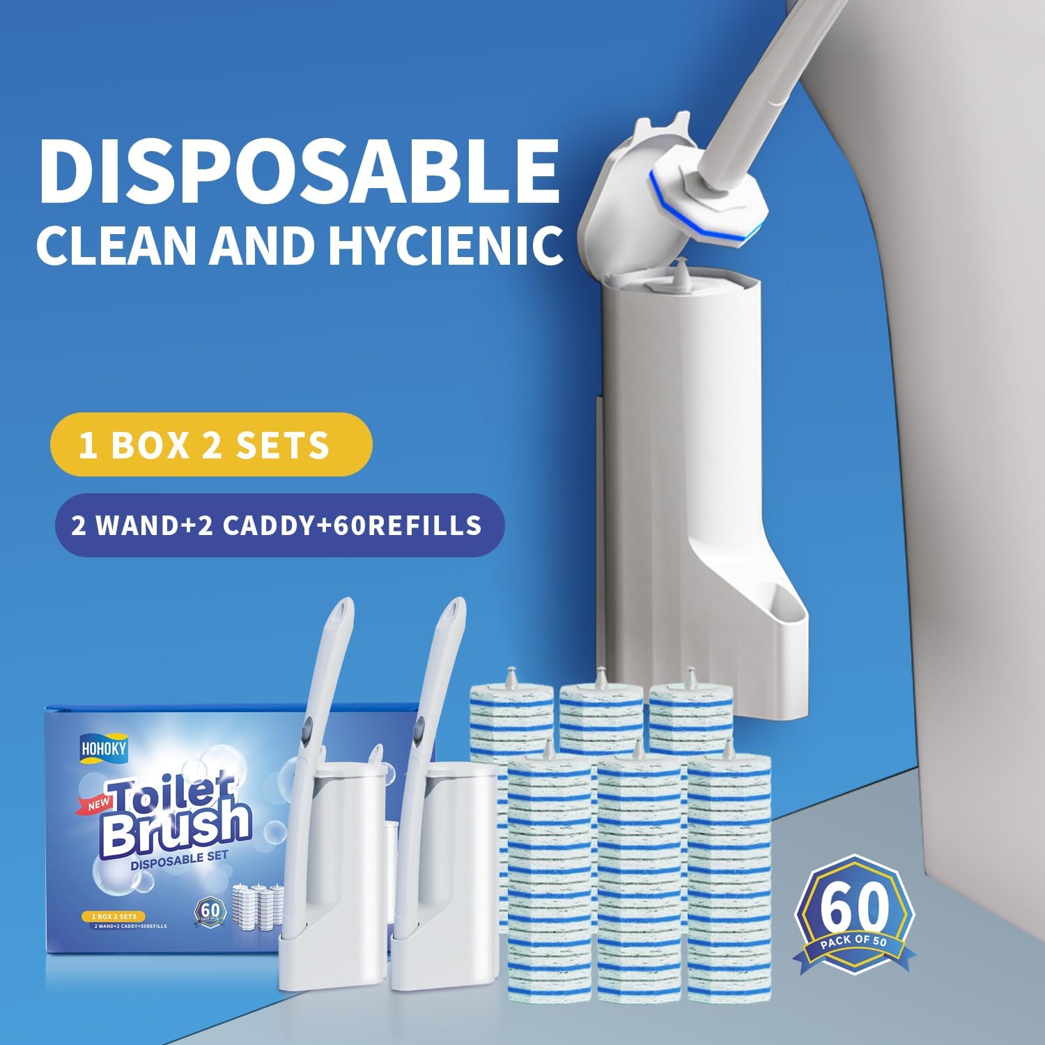Hohoky Toilet Cleaning Set with 2 Wands and 60 Refill Pads