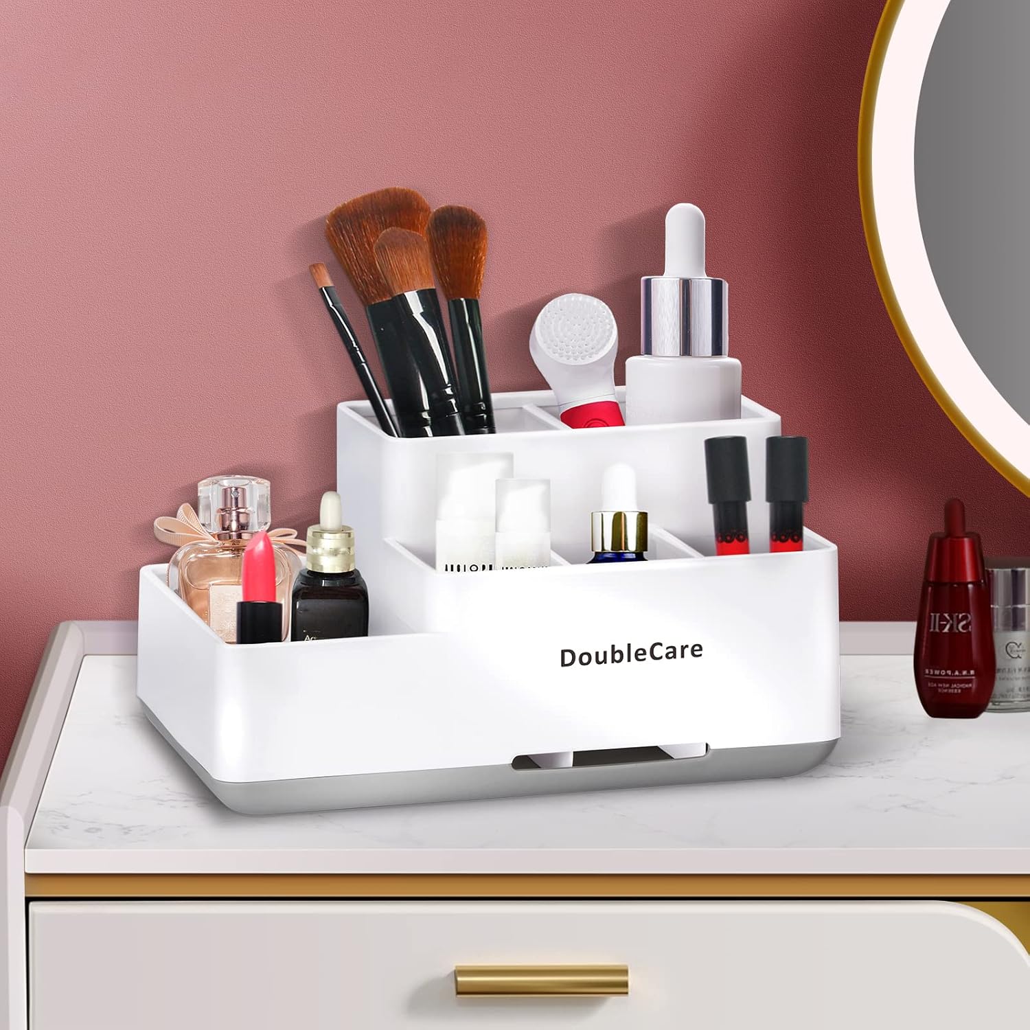 DoubleCare Toothbrush Holder with 5 Compartments Anti-Slip Multifunctional Bathroom Organizer