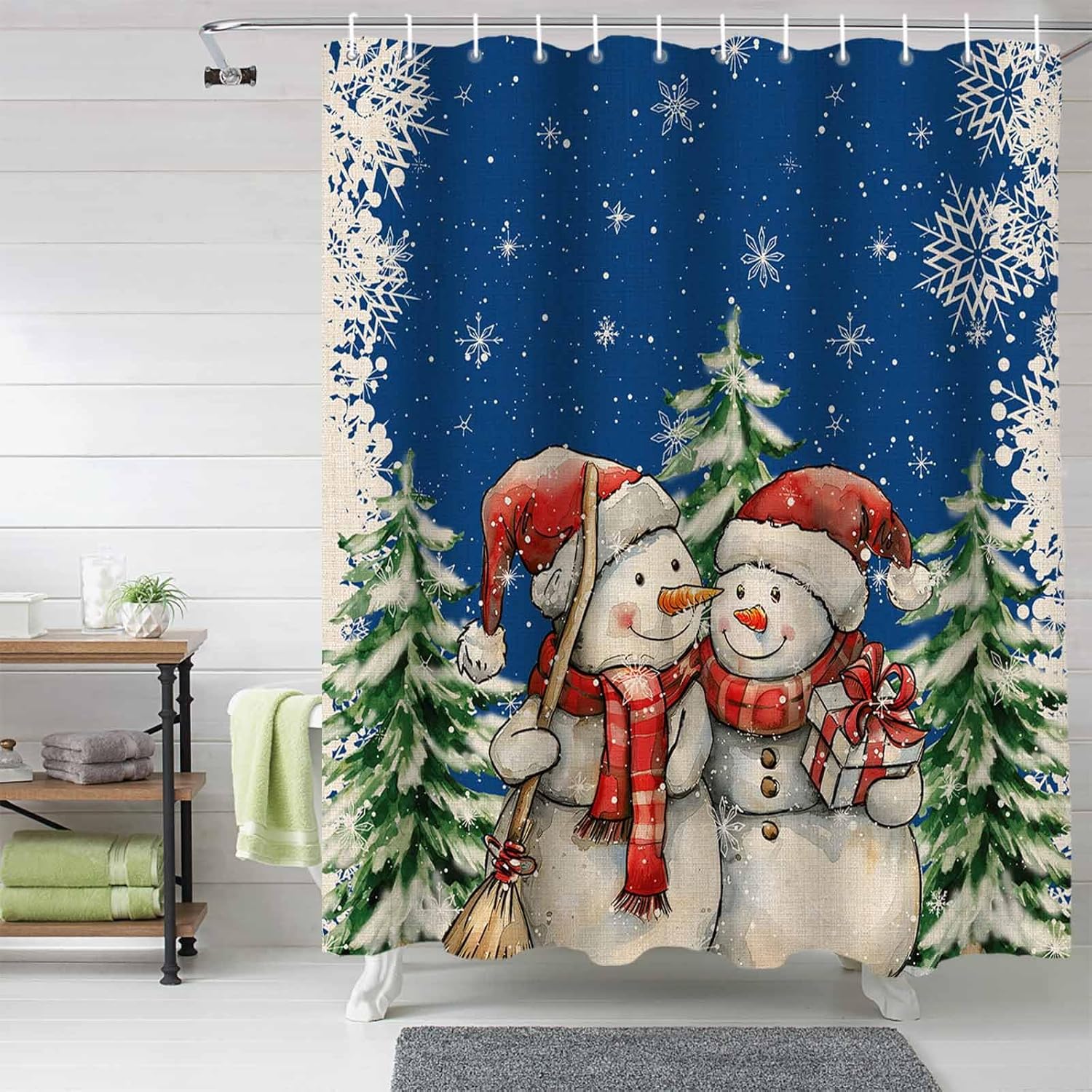 72 Inches Dark Blue Snowmen Shower Curtain Set with 12 Hooks