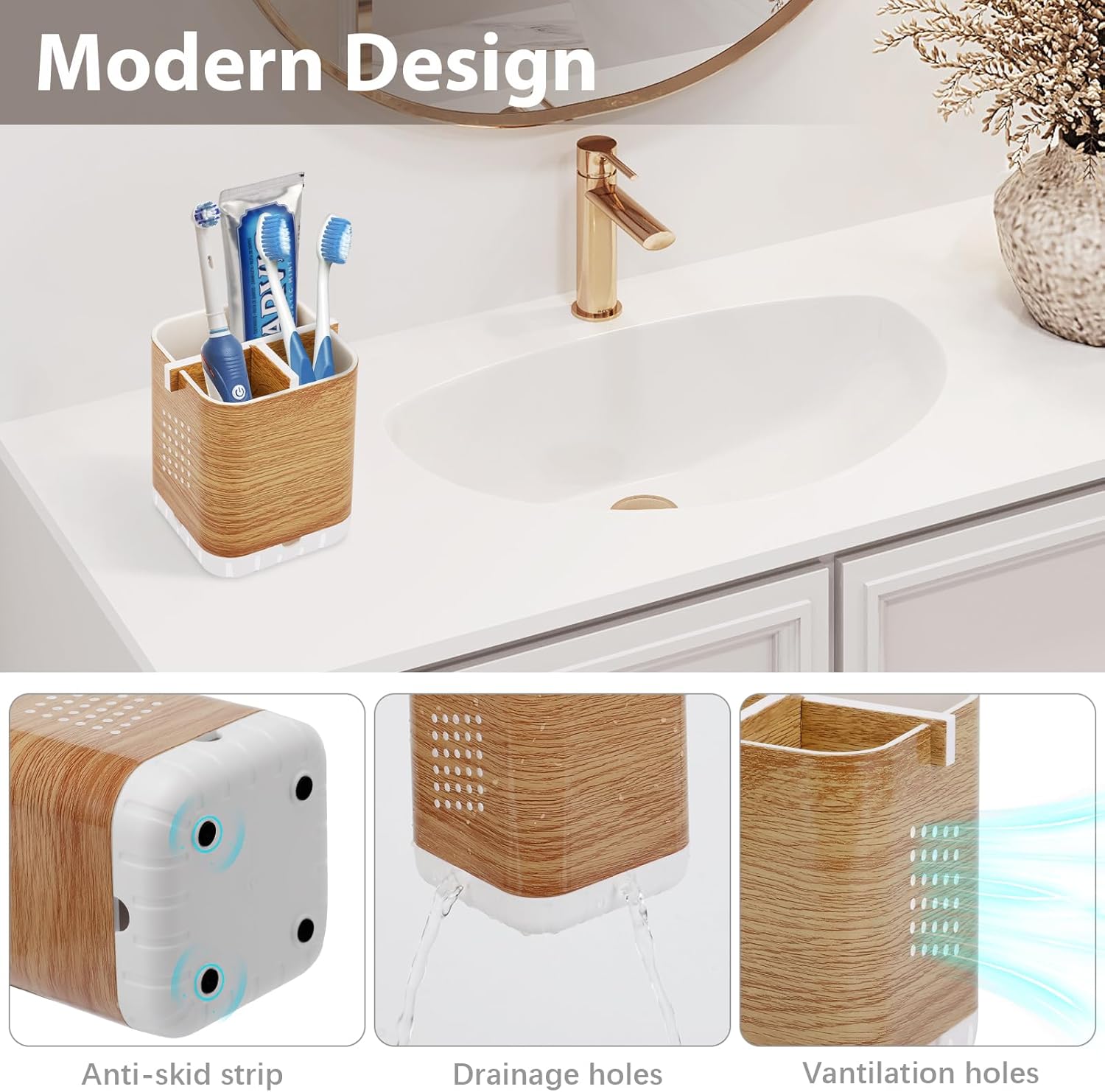 Boperzi Wood Grain Toothbrush Holder with Drainage and Anti-Slip Base