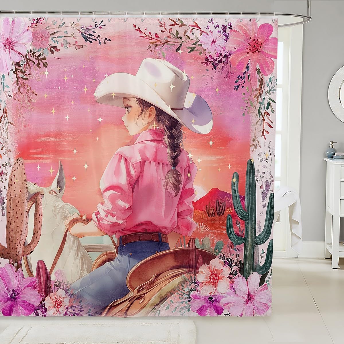 Feelyou Kids Cartoon Cowgirl Cowboy Shower Curtain Set 72x72