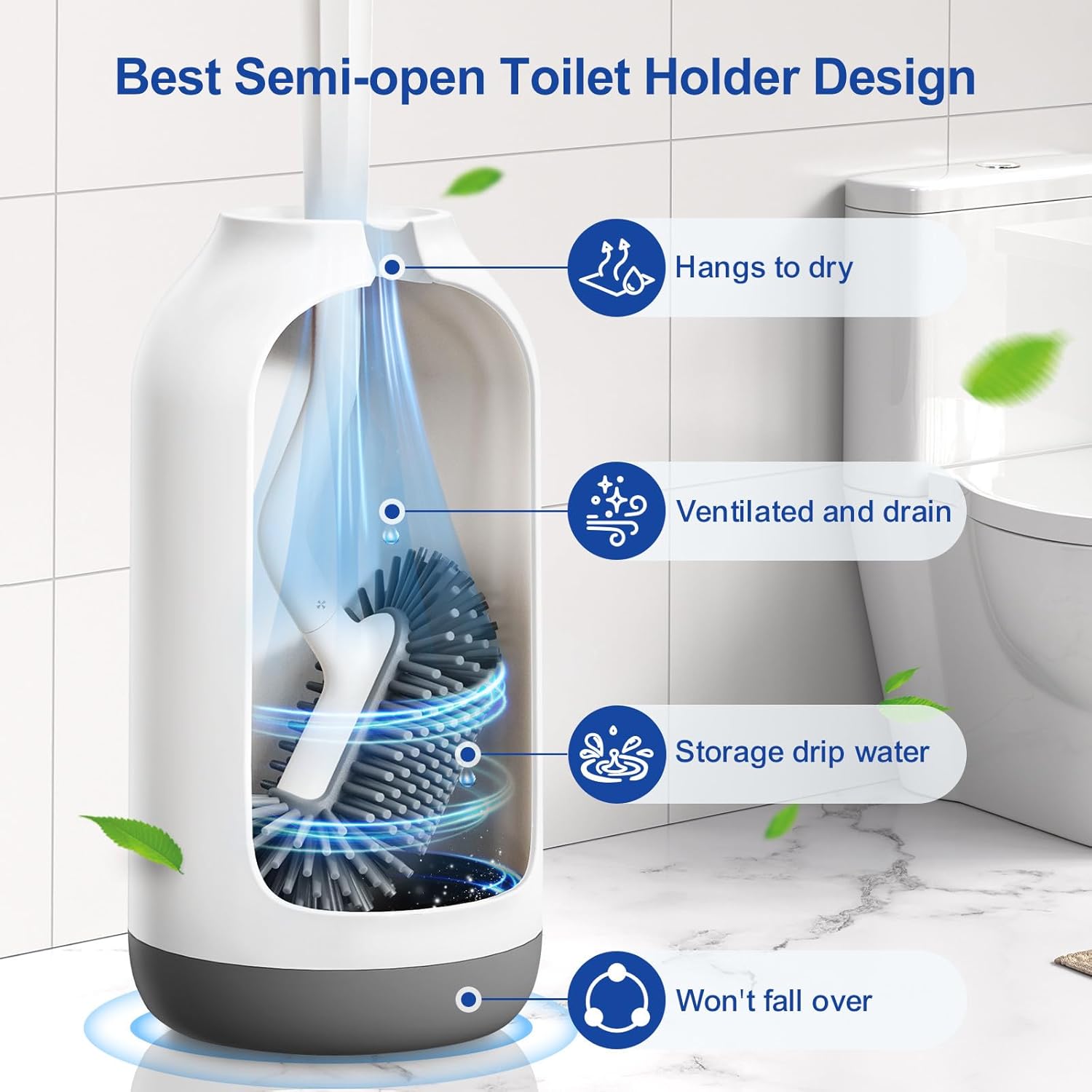 HAMITOR Toilet Brush Holder Set with Silicone Head and Curved Bristles - White