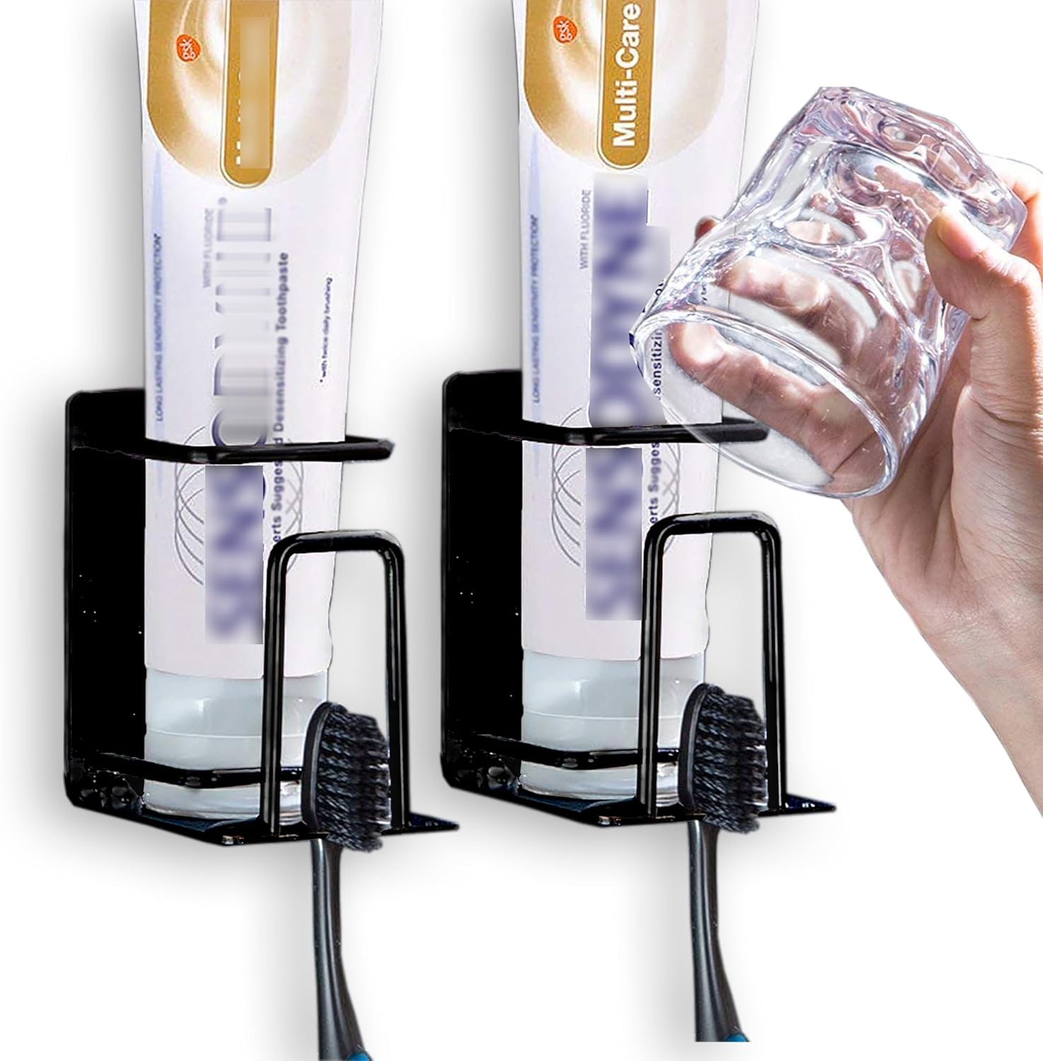 HANZE 3 in 1 Wall Mounted Toothbrush Holder 2 Pack Black
