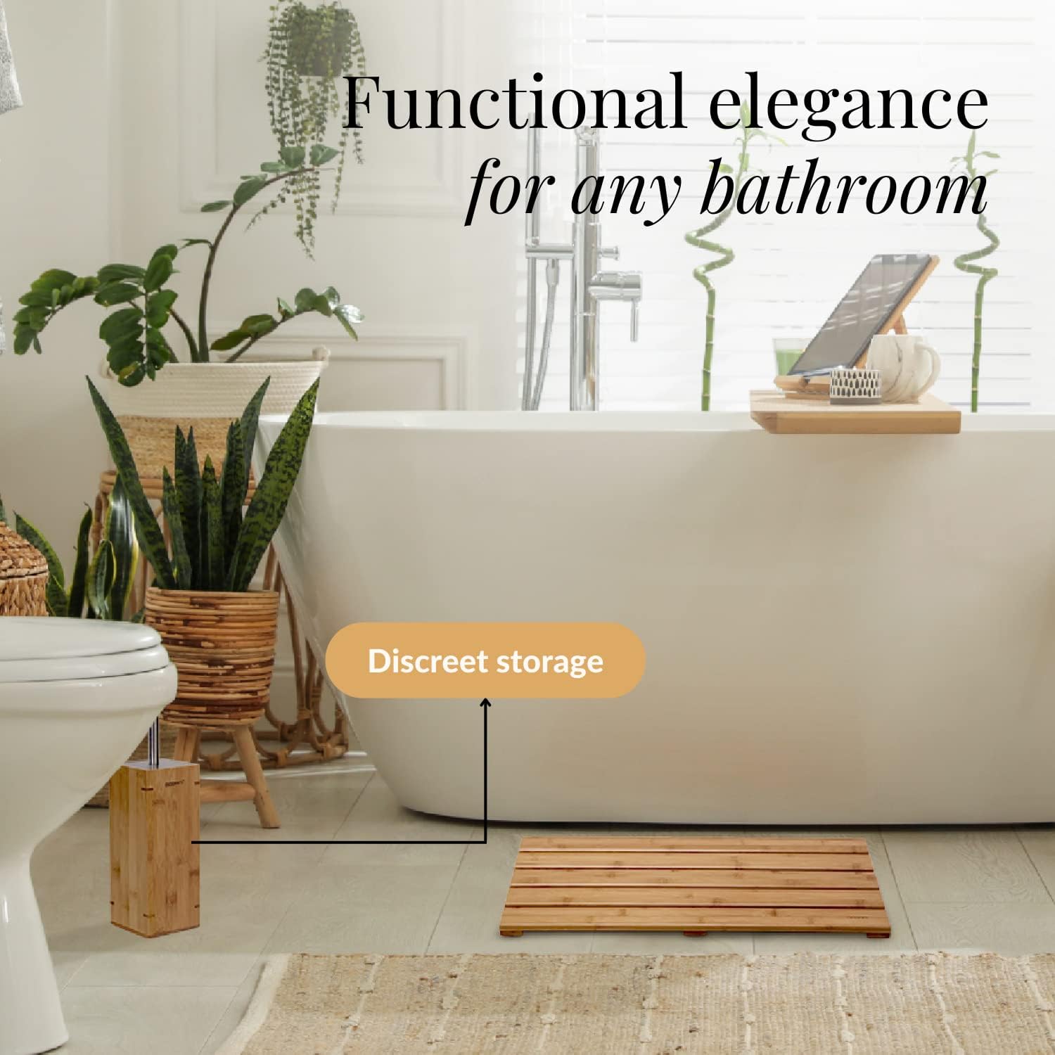 GOBAM Bamboo Toilet Bowl Cleaner with Holder - Hidden Stainless Steel Brush