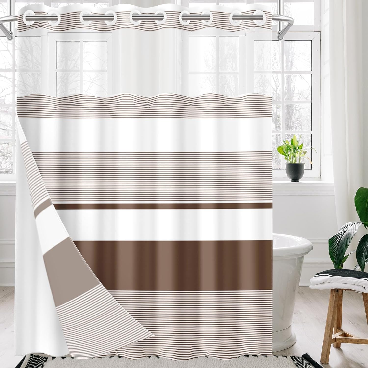 Nesphy Boho Striped Double Layer Shower Curtain Set