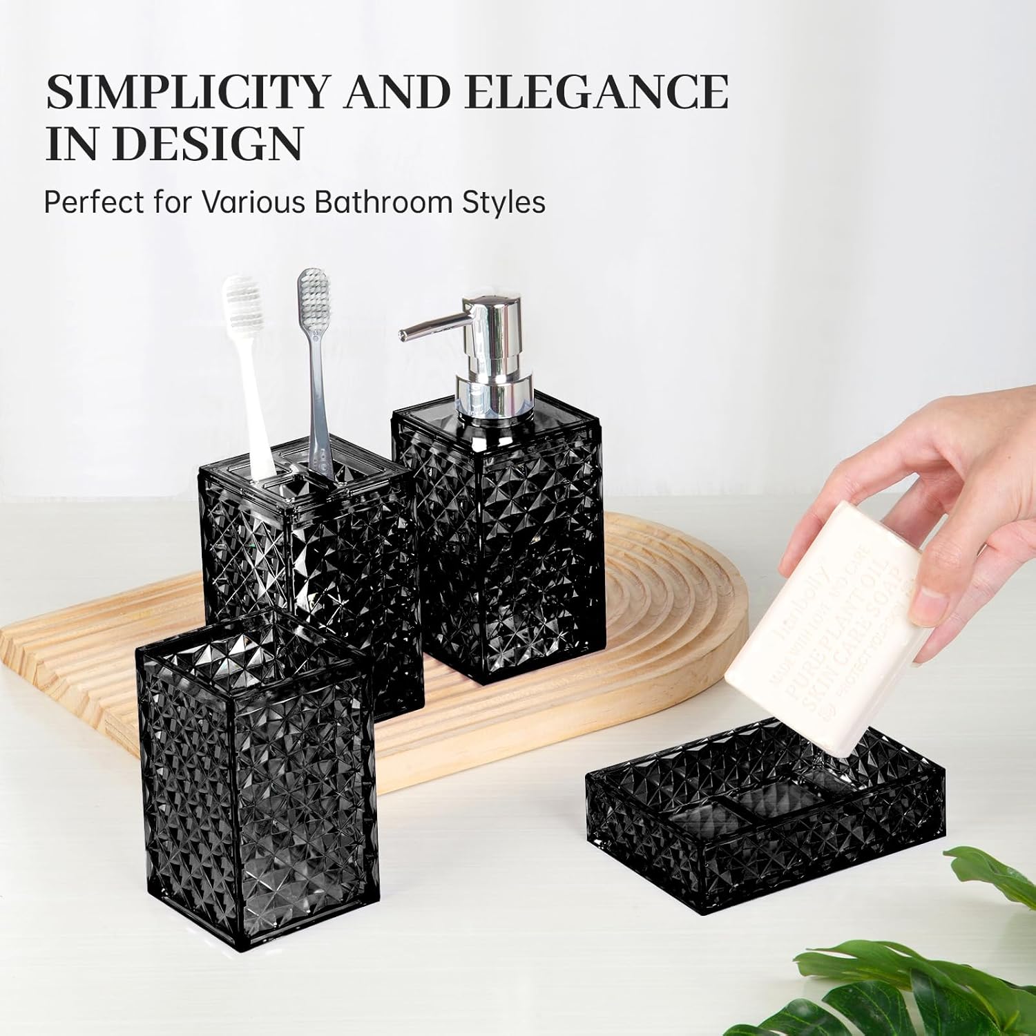 Modern Bathroom Accessory Set with Grid Pattern Black