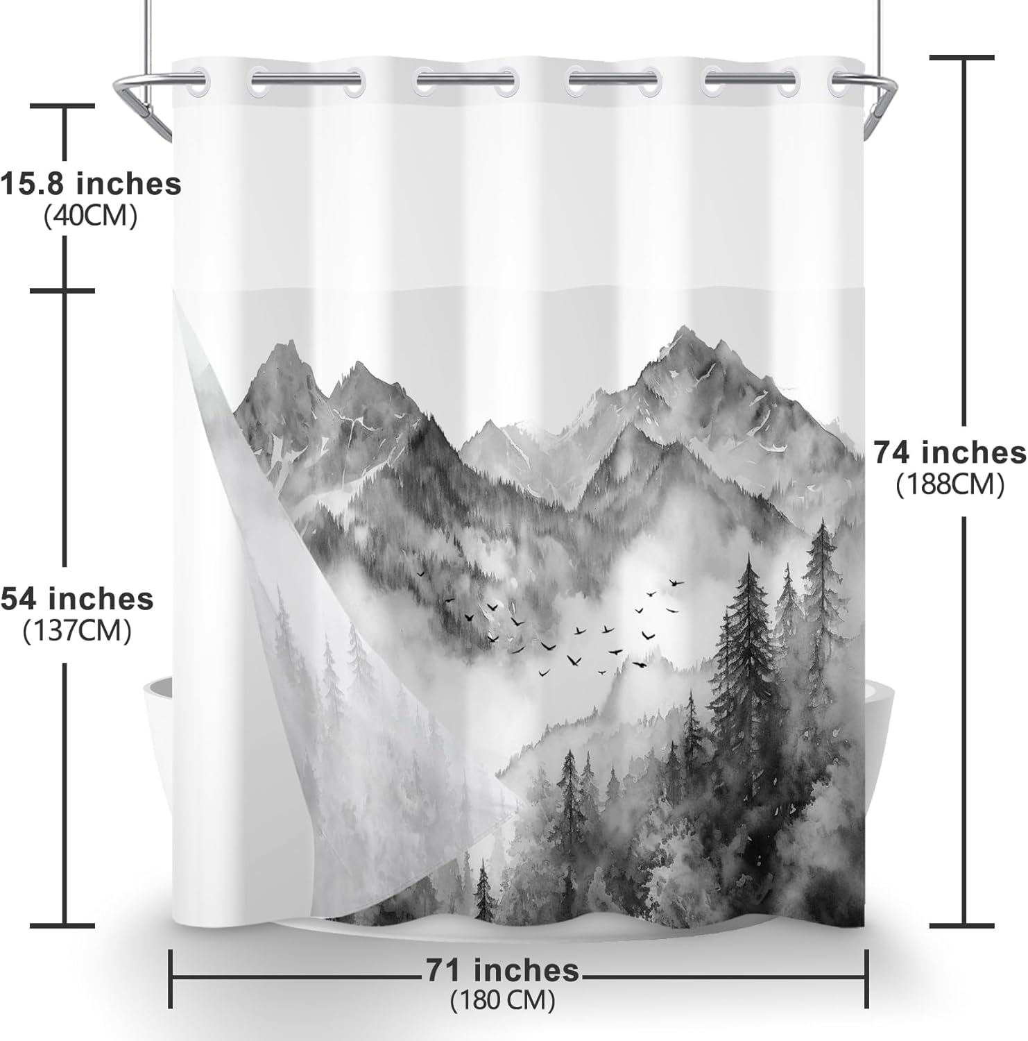 AWERT Forest Grey No Hook Shower Curtain with Liner