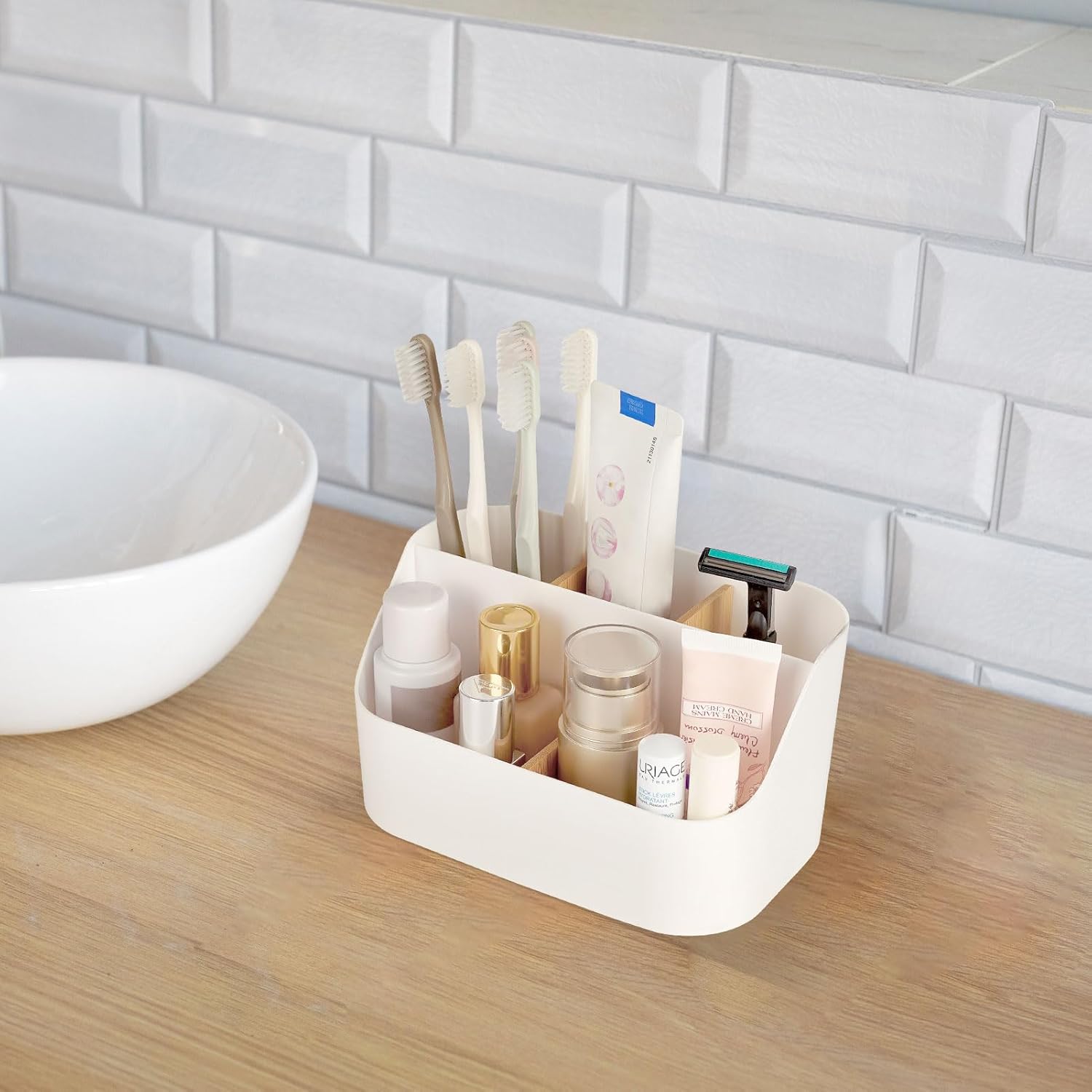 5 Slots Toothbrush Holder with Bamboo and ABS Modern Bathroom Organizer 1
