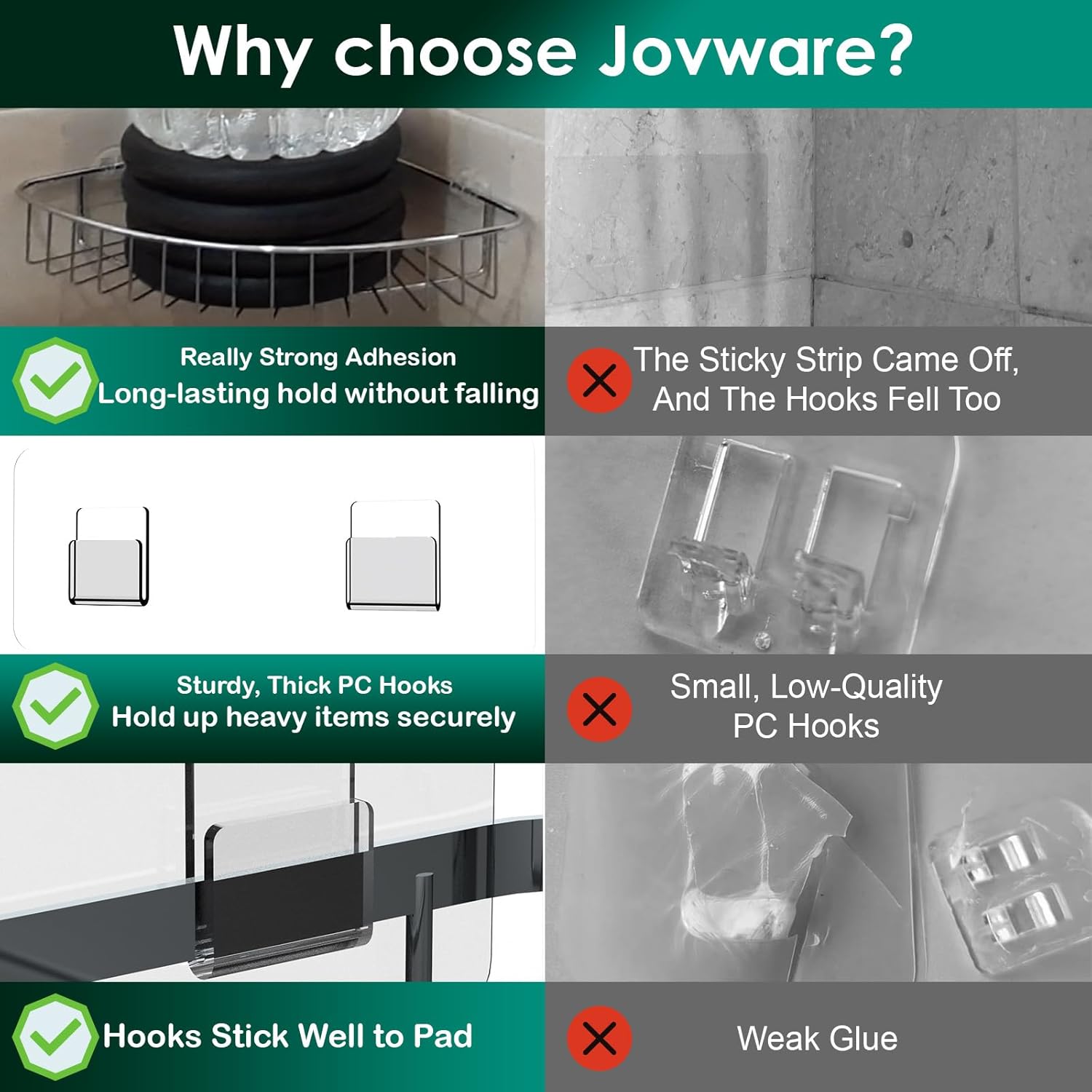 Jovware Adhesive Shower Caddy Hooks - 6 Pack Strong Transparent Flat Hooks