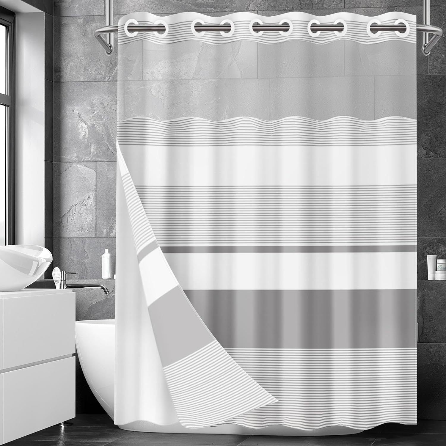 Nesphy No Hook Grey Shower Curtain Set