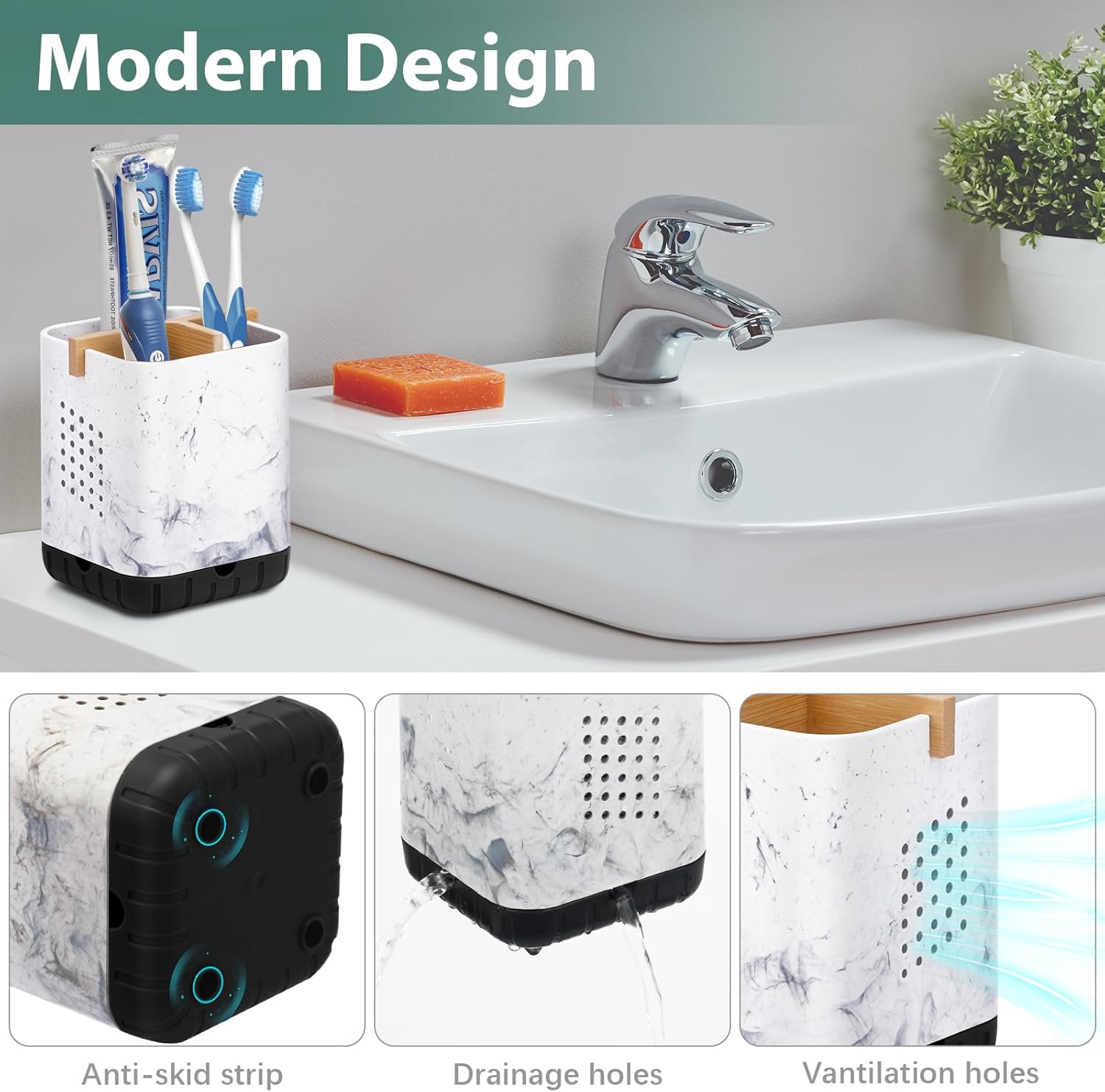 Boperzi Bamboo Toothbrush Holder with Drain and 3 Slots
