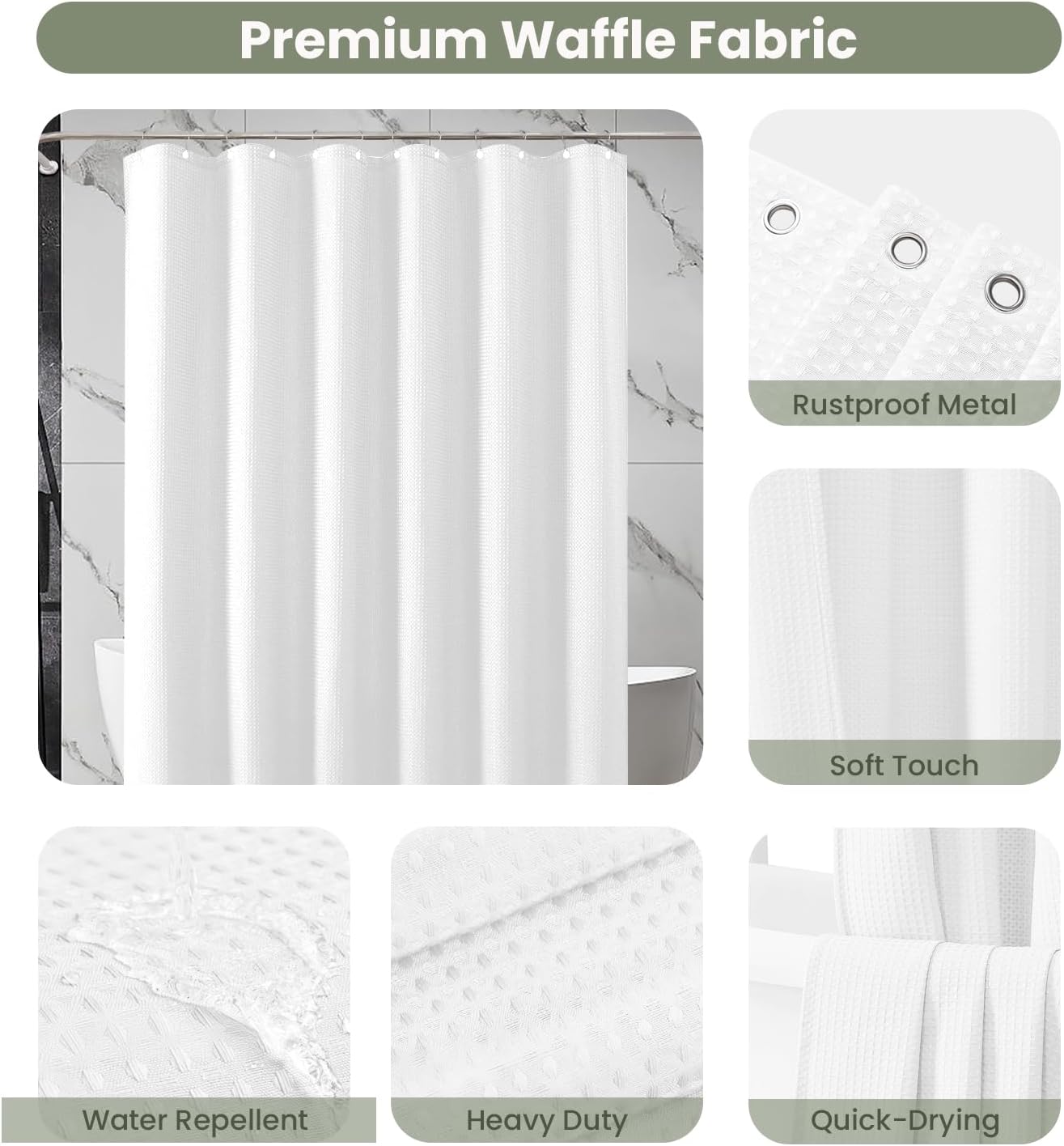 Inhousolu Waffle Shower Curtain Set 72x72 White 230 GSM 14 Metal Hooks